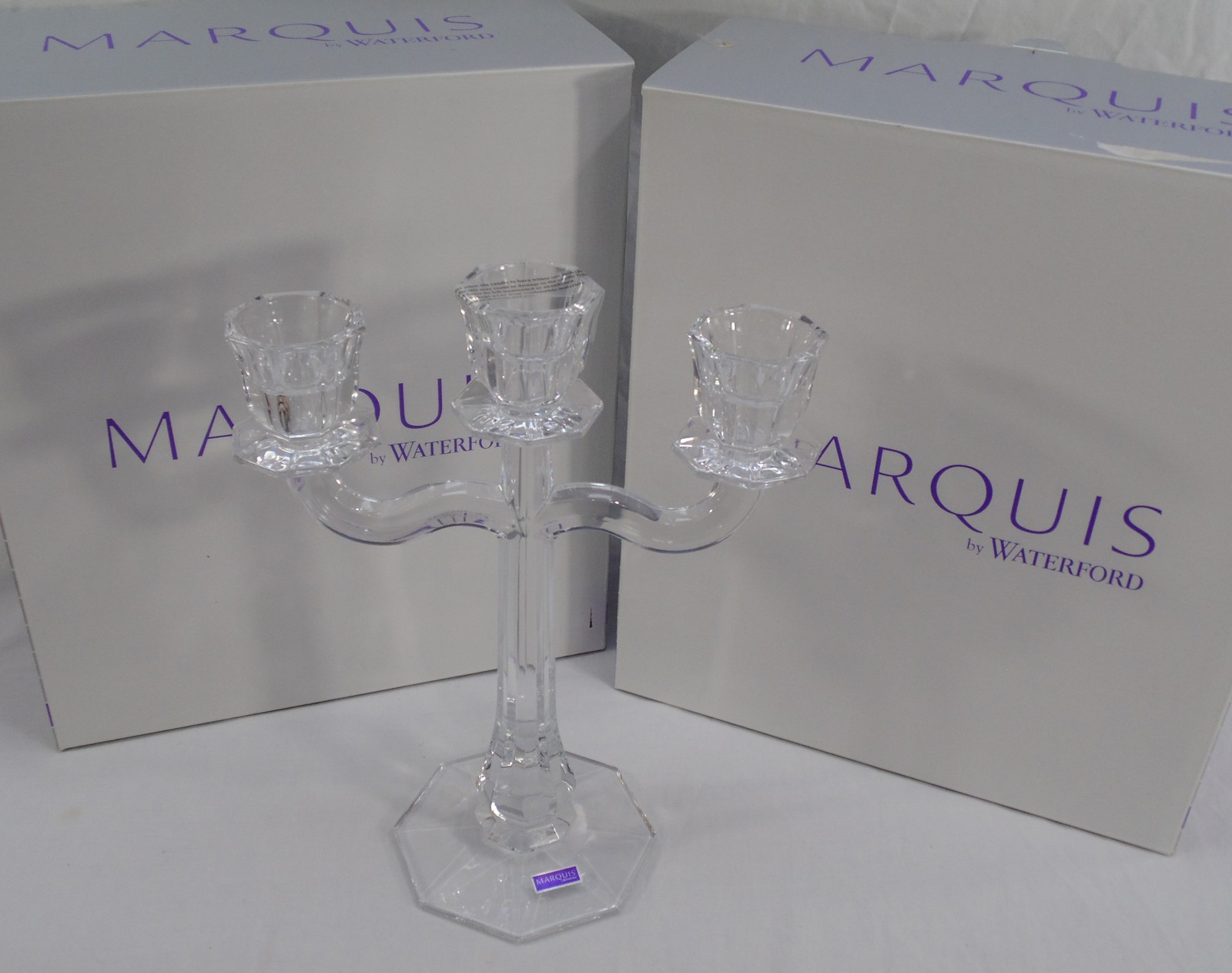 New Lot 2 Marquis Waterford Crystal Clear 3 Arm Candleabra Candlestick Holders New Lot 2 Marquis Waterford Crystal Clear 3 Arm Candleabra Candlestick Holders