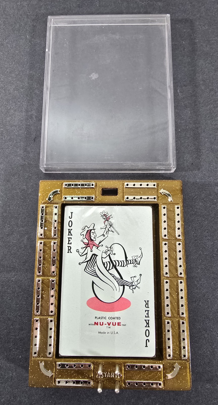 Rare Vintage Osceola Oil Sealed Nu-Vue Playing Cards & Cribbage Board Holder