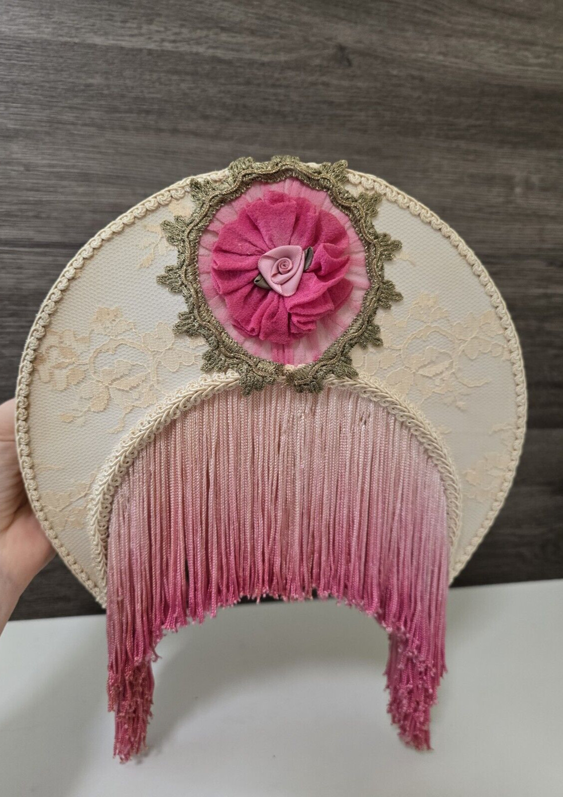 Vintage Victorian Style Lampshade Crescent Shape Pink Fringe Cream Lace Vintage Victorian Style Lampshade Crescent Shape Pink Fringe Cream Lace