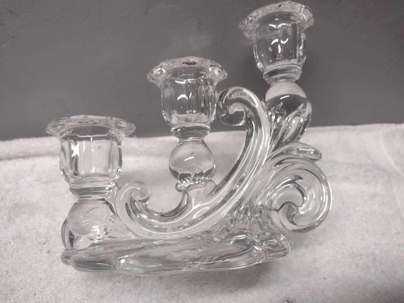 Vintage Cambridge Caprice three-light cascade candle holder in clear glass