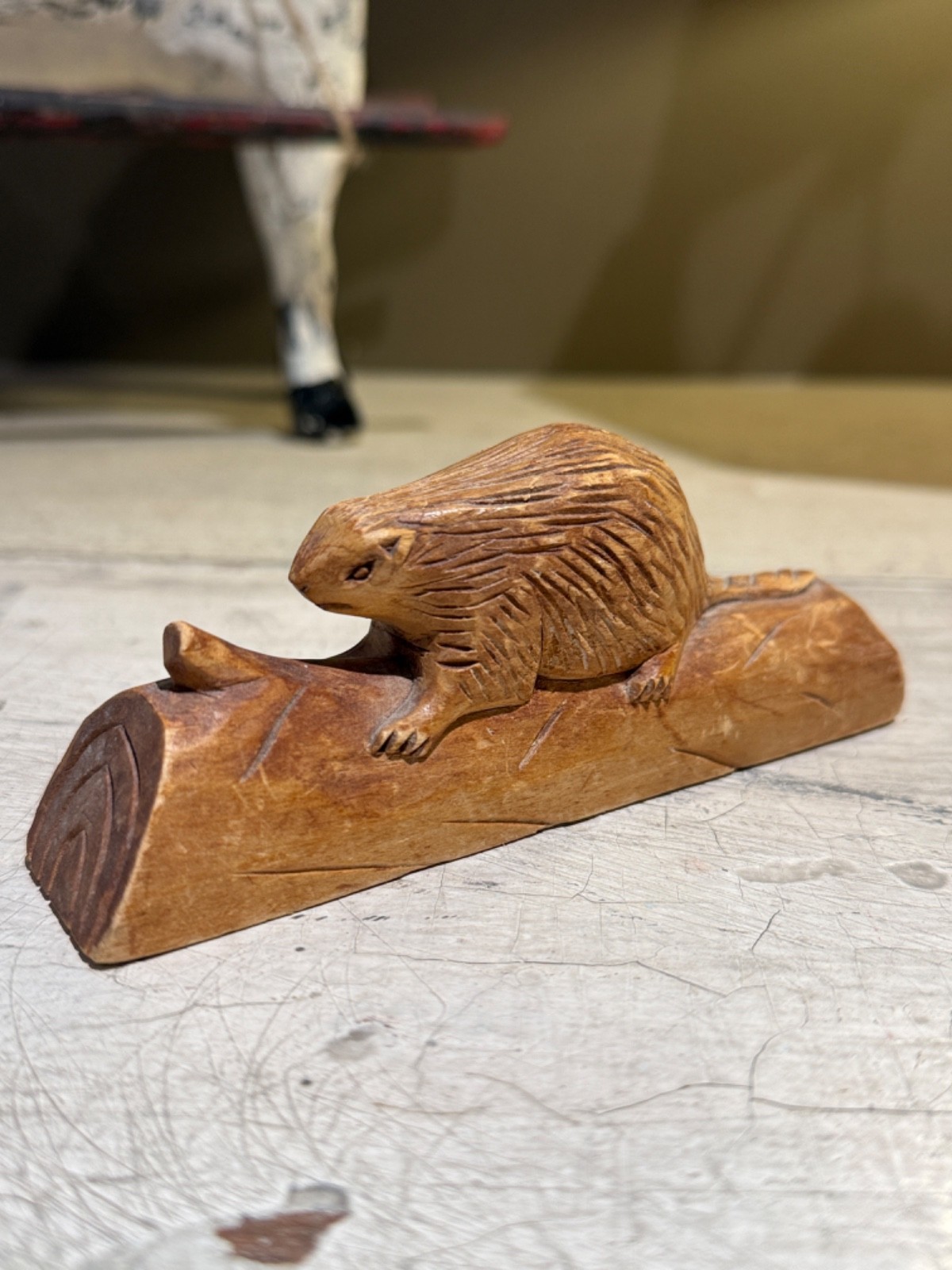 Small Hand Carved Beaver on Log – Natural Unpainted Wood – 5 1/2”