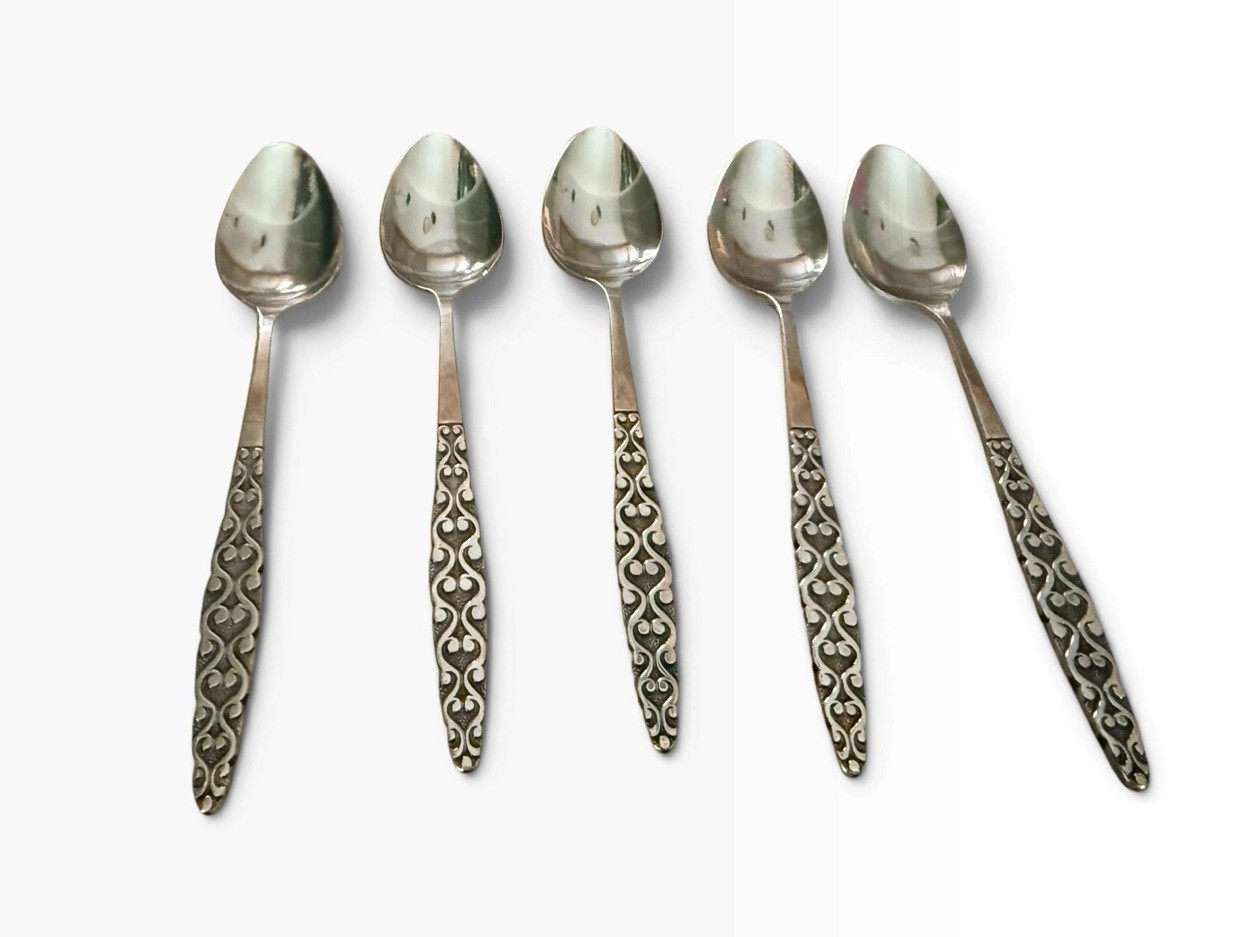 Vintage Teaspoons National Stainless Japan Malta 71937 NSTMAL Geo Black MCM -5pc
