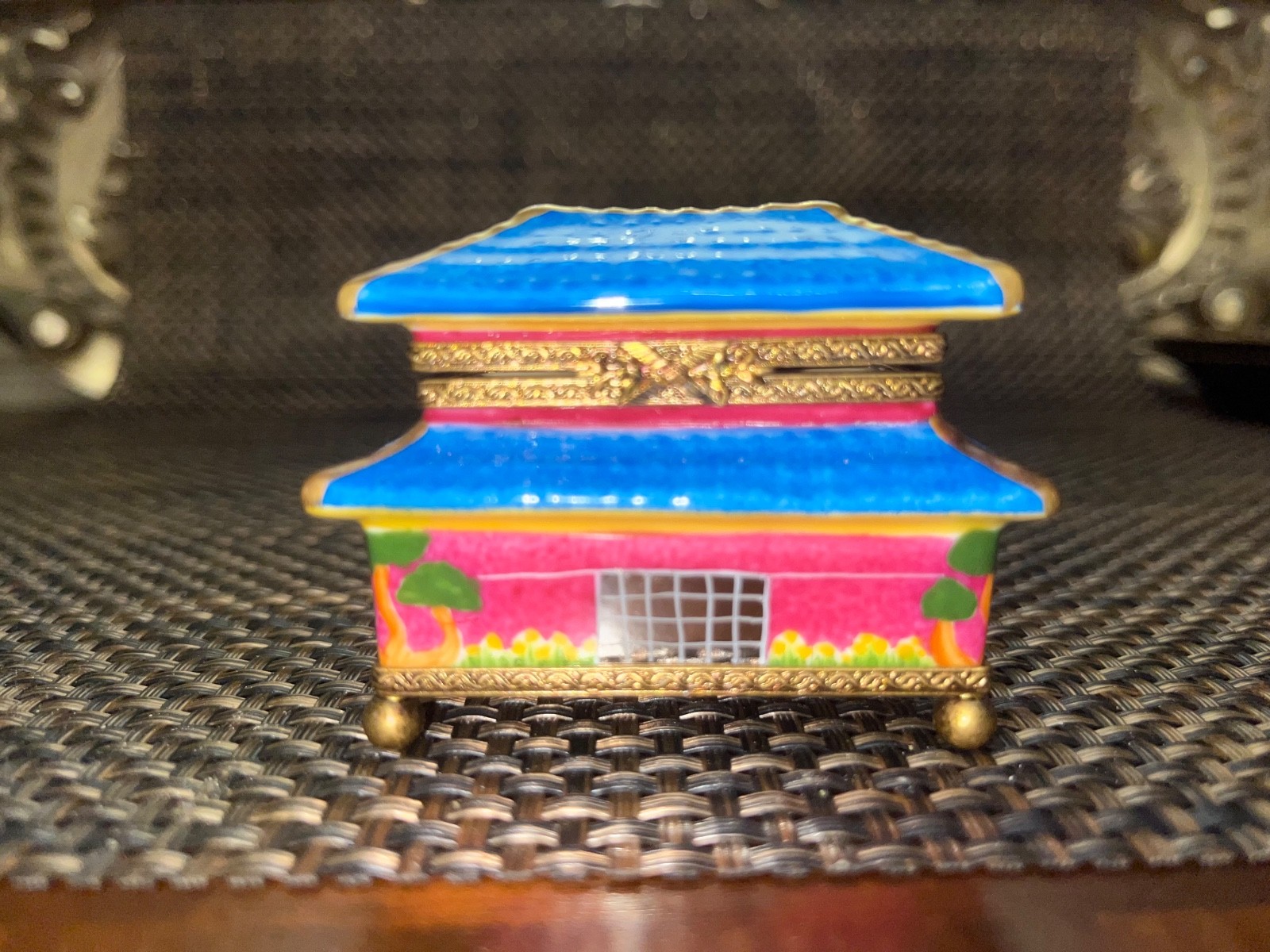 Limoges France Hand Painted Blue Pagoda Palace Porcelain Trinket Box