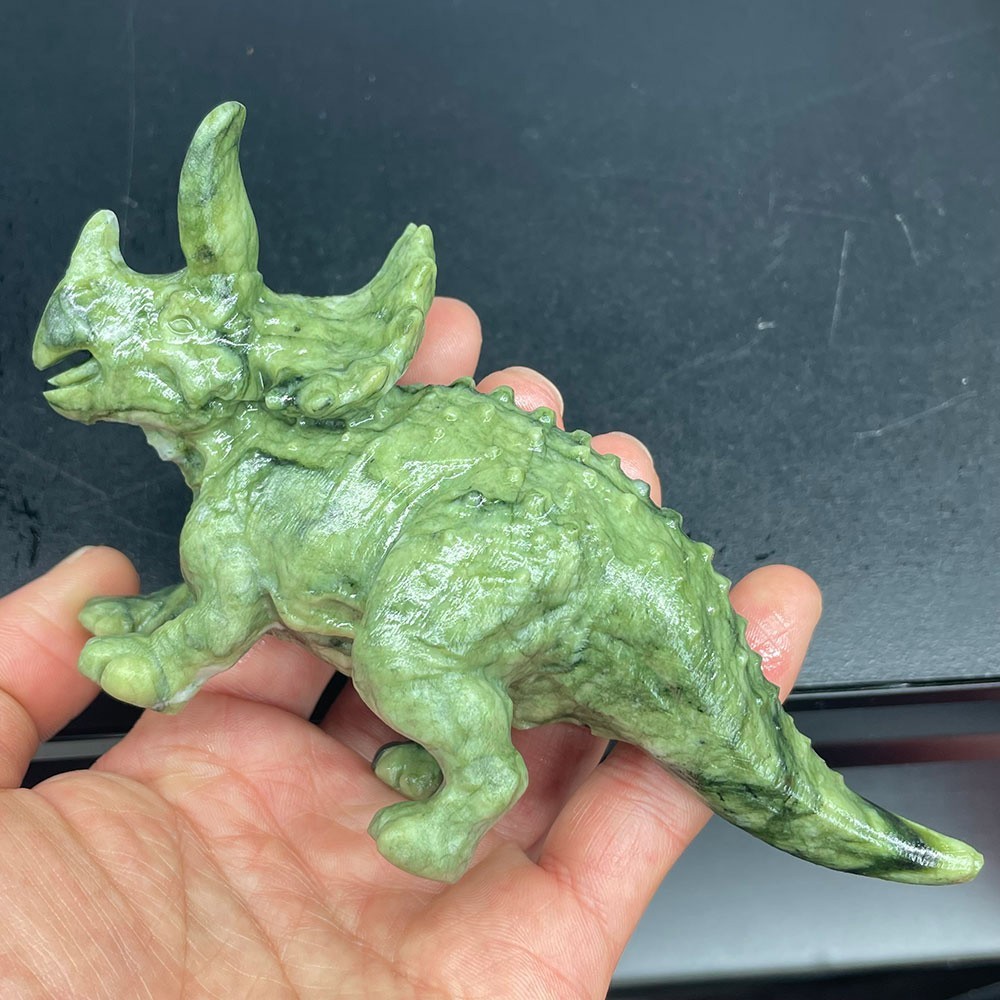Large Hand-Carved Serpentine Dinosaur Statue Crystal Triceratops Totem of Power