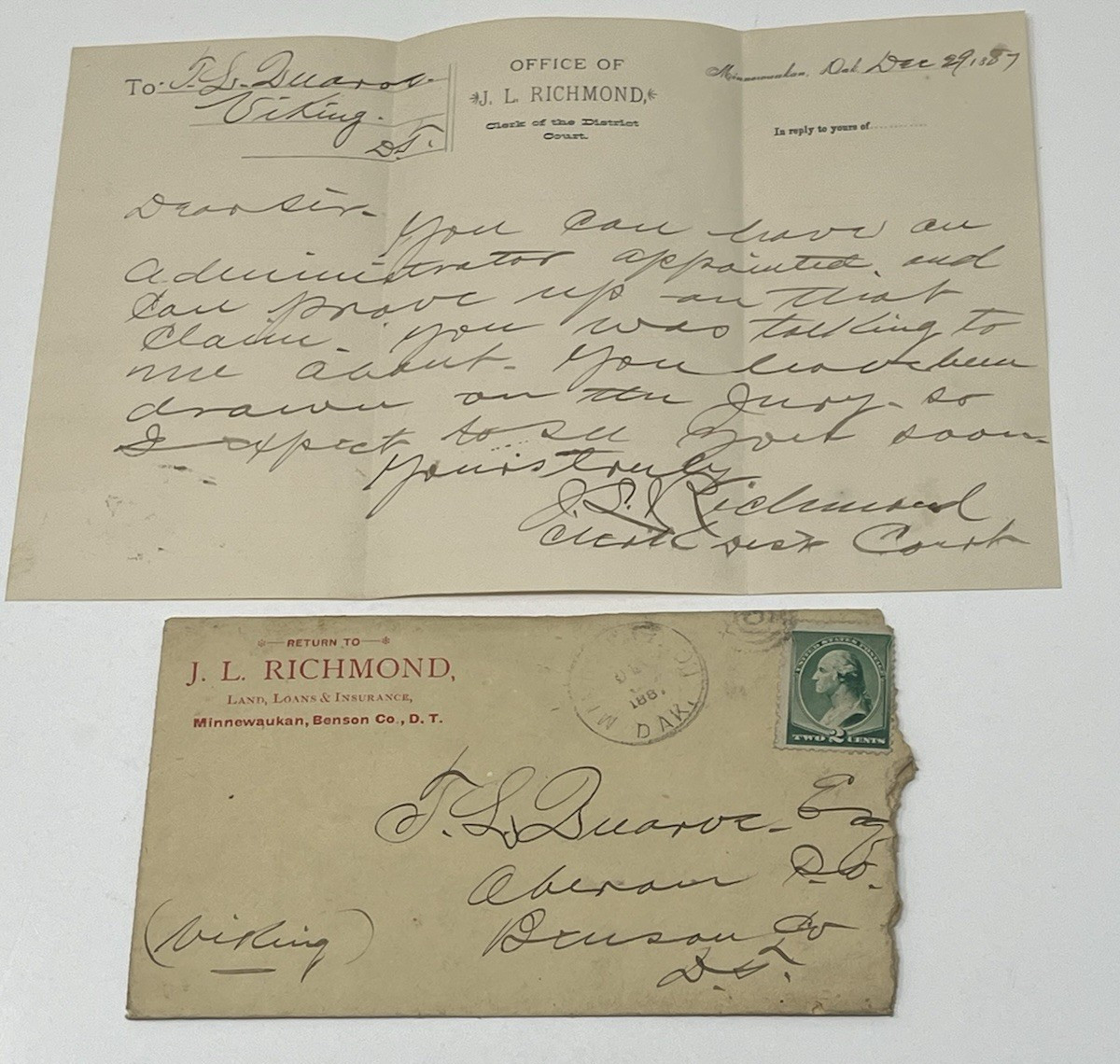 1887 Dakota Territory J L Richmond District Court Letter Minnewaukan Cover 1887 Dakota Territory J L Richmond District Court Letter Minnewaukan Cover