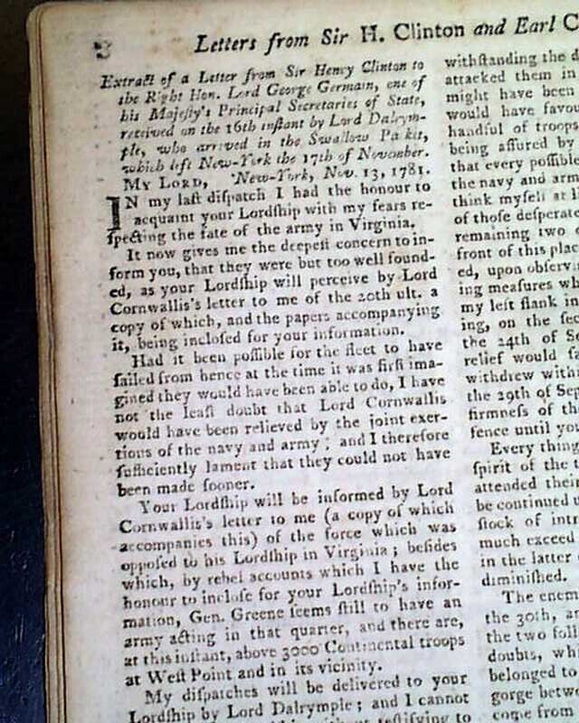 SURRENDER AT YORKTOWN Lord Charles Cornwallis to George Washington 1782 Magazine