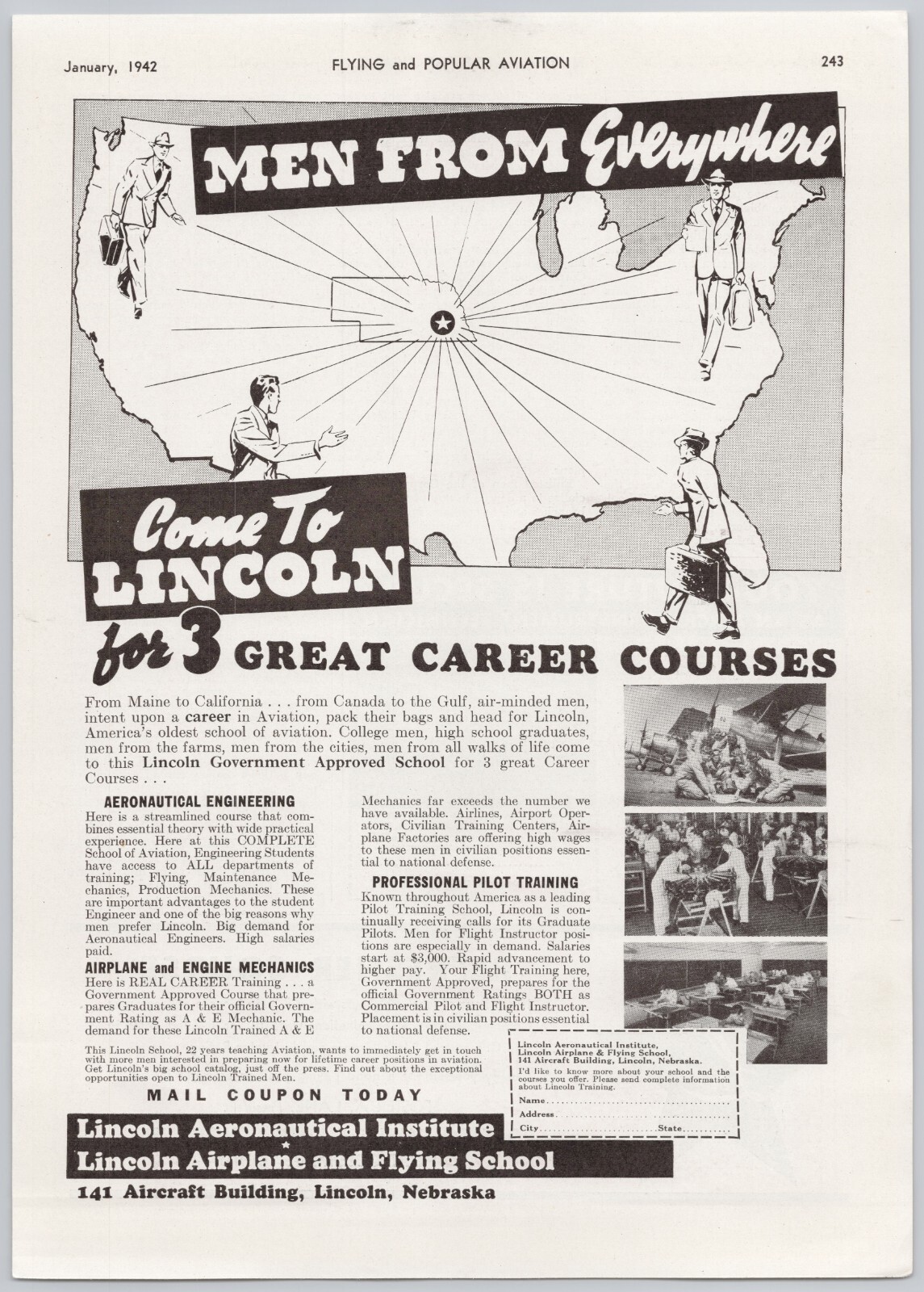 1942 LINCOLN Aeronautical Institute and Flying School Nebraska Vintage Print Ad