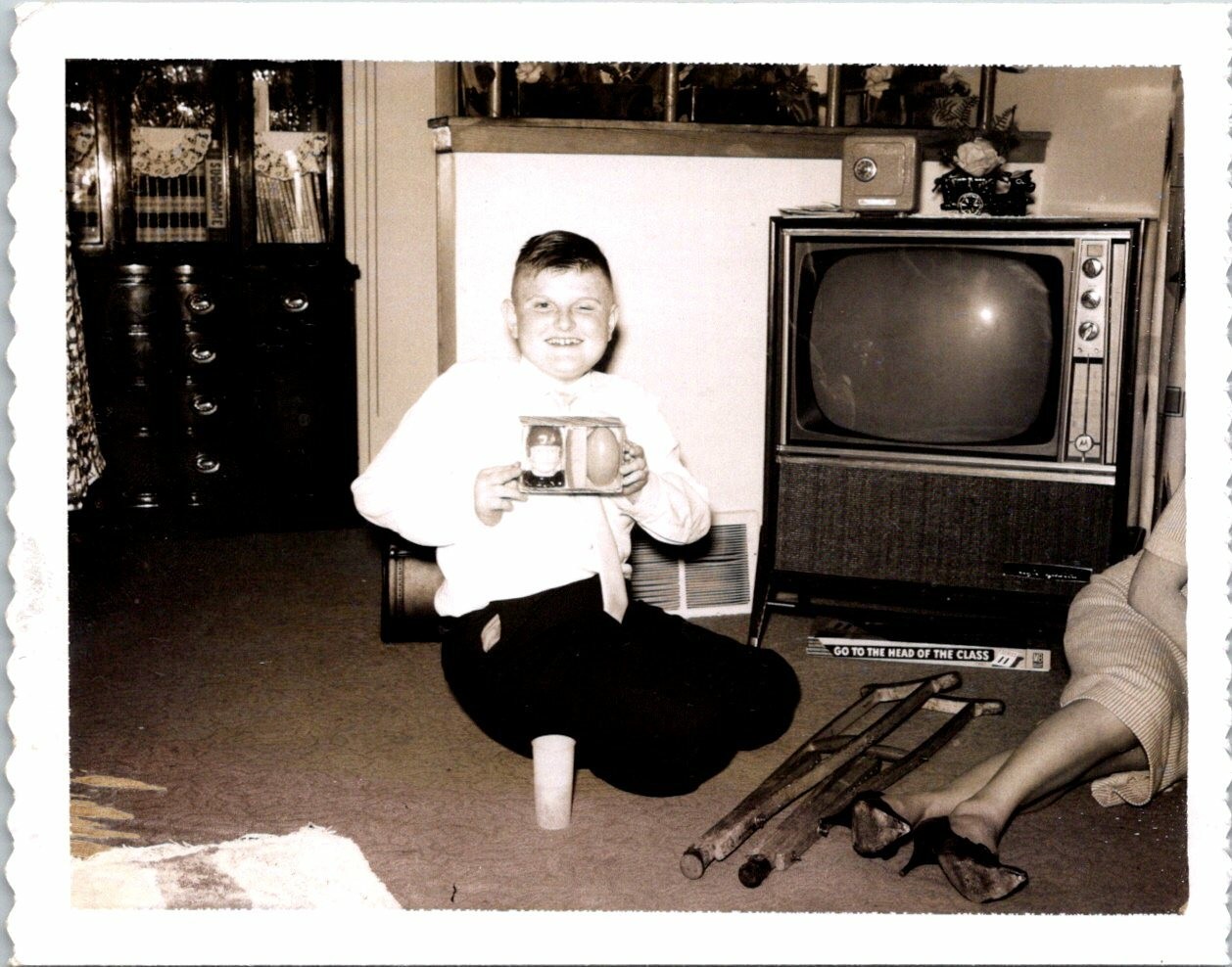 1960s Young Boy Posing & Smiling w/ Football NFL Toy Xmas? FOUND B+W Photo 00625