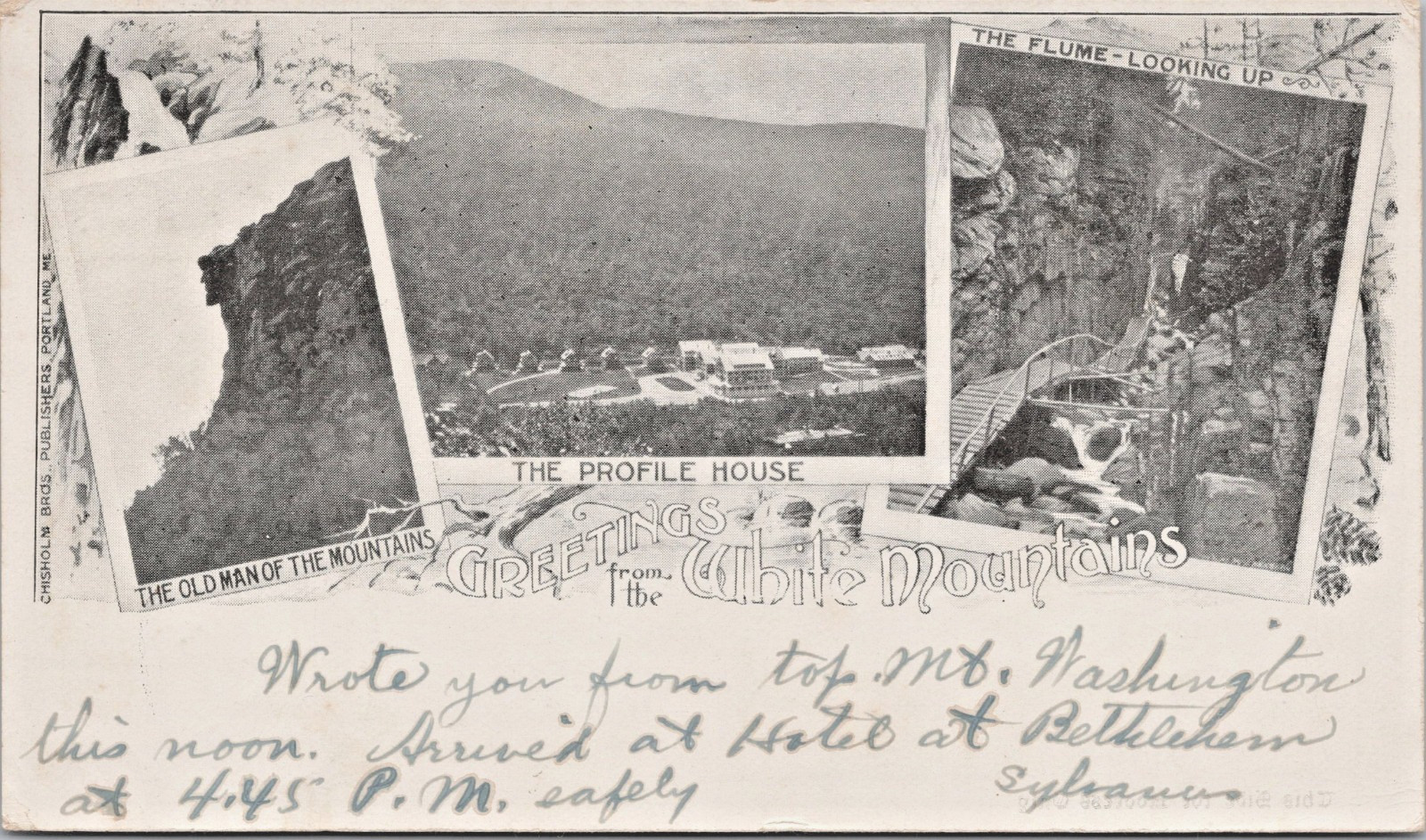 Postcard White Mts NH Greetings Profile House Old Man Of Mtn. The Flume PMC 1905
