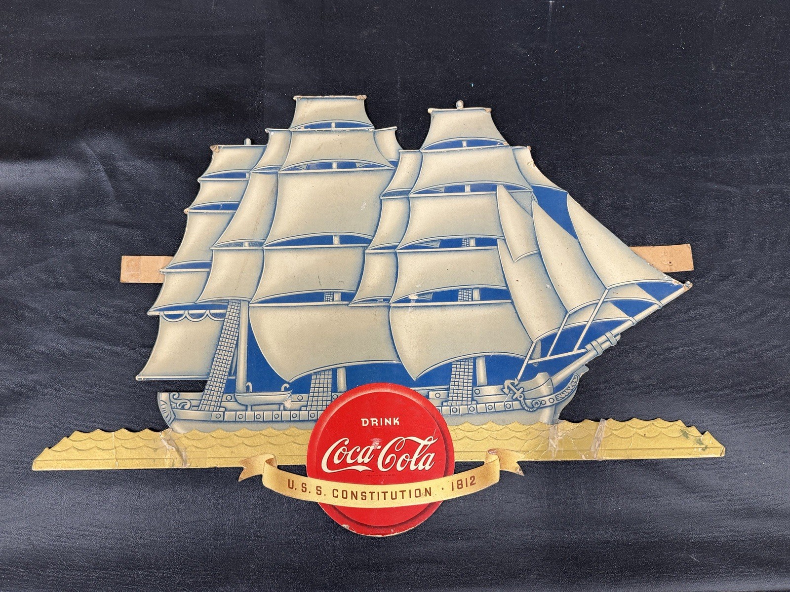 RARE DRINK COCA COLA ADVERTISING SIGN SHIP U.S.S. CONSTITUTION 1940’S CARDBOARD