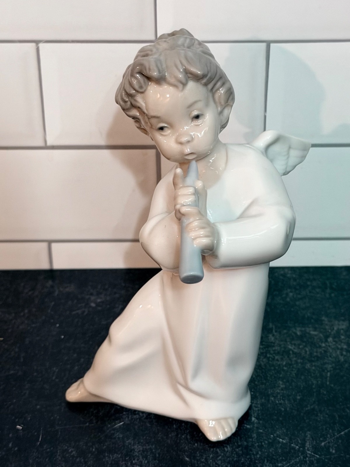 Vintage Lladro Figurine 4540 Angel with Flute Porcelain Cherub Blue Mark