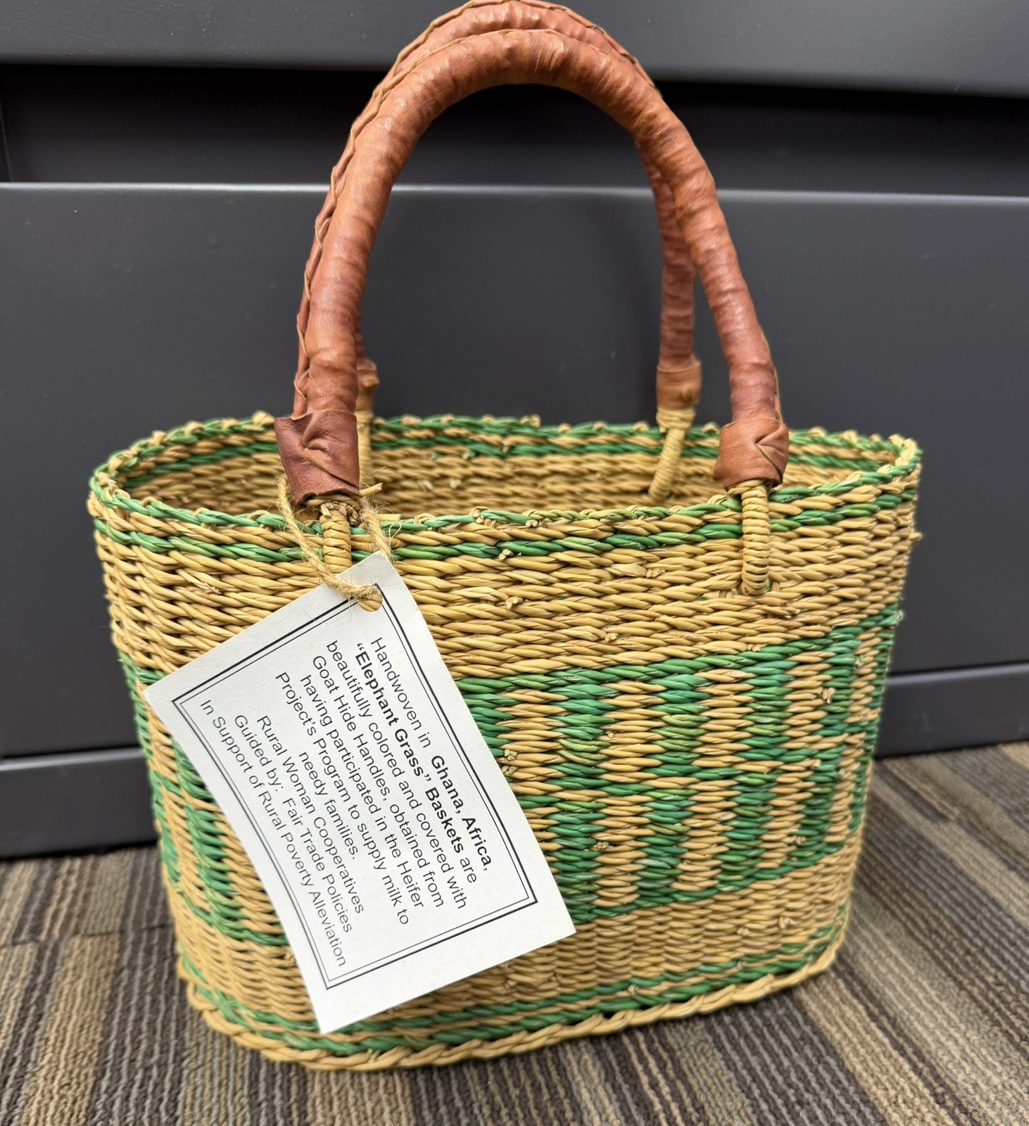 NEW African Bolga Basket Ghana Handmade Woven Leather Handles Green & Tan