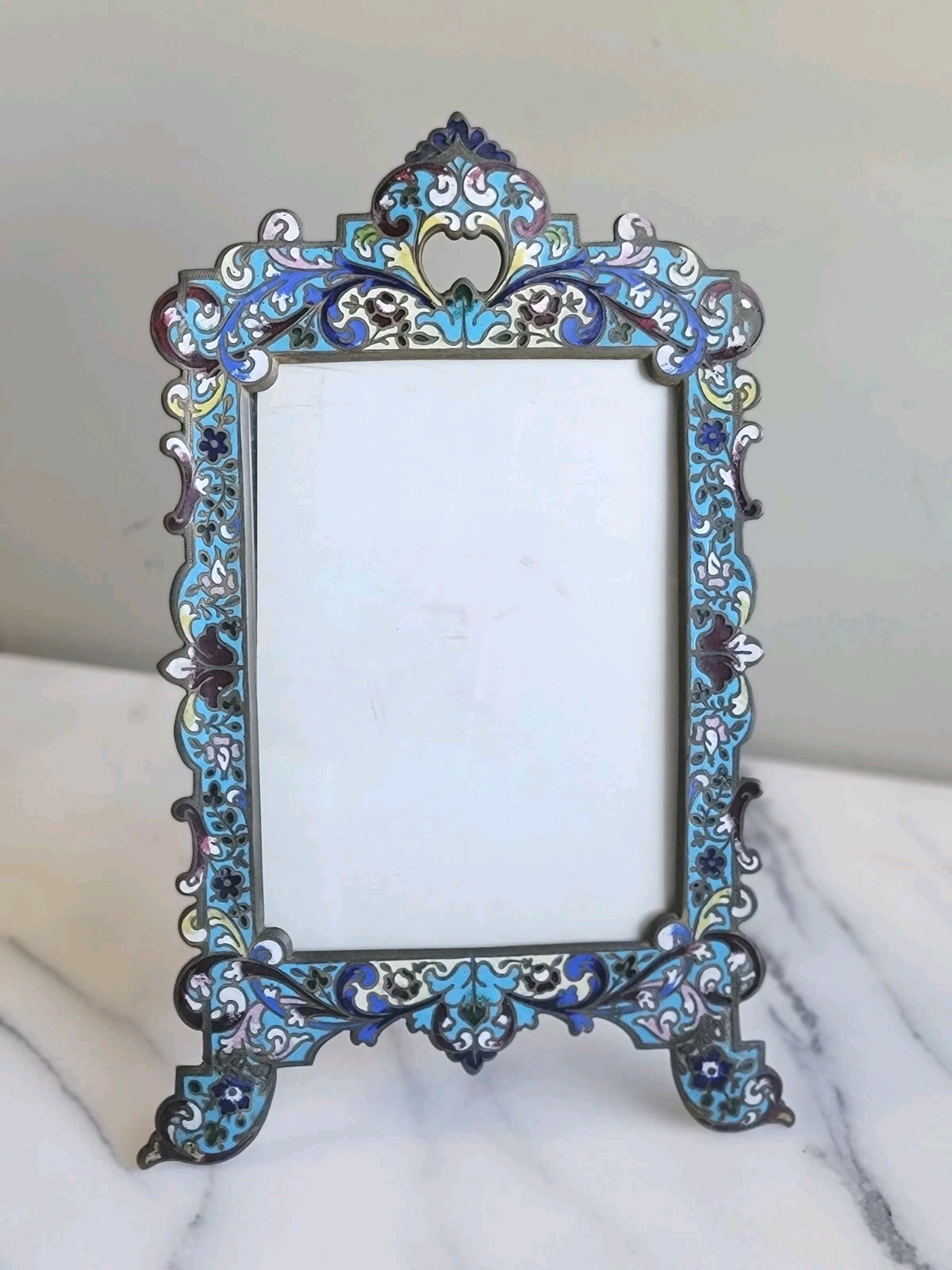 **Antique French Champleve Enamel Picture Frame Gilt Bronze Easel Back 19th...