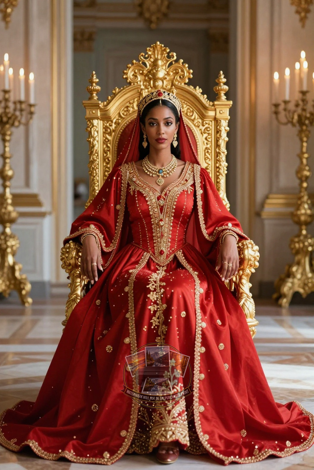 Regal Queen Baroque Red Gown Standing Before Gilded Brunette 4X6 Art Print