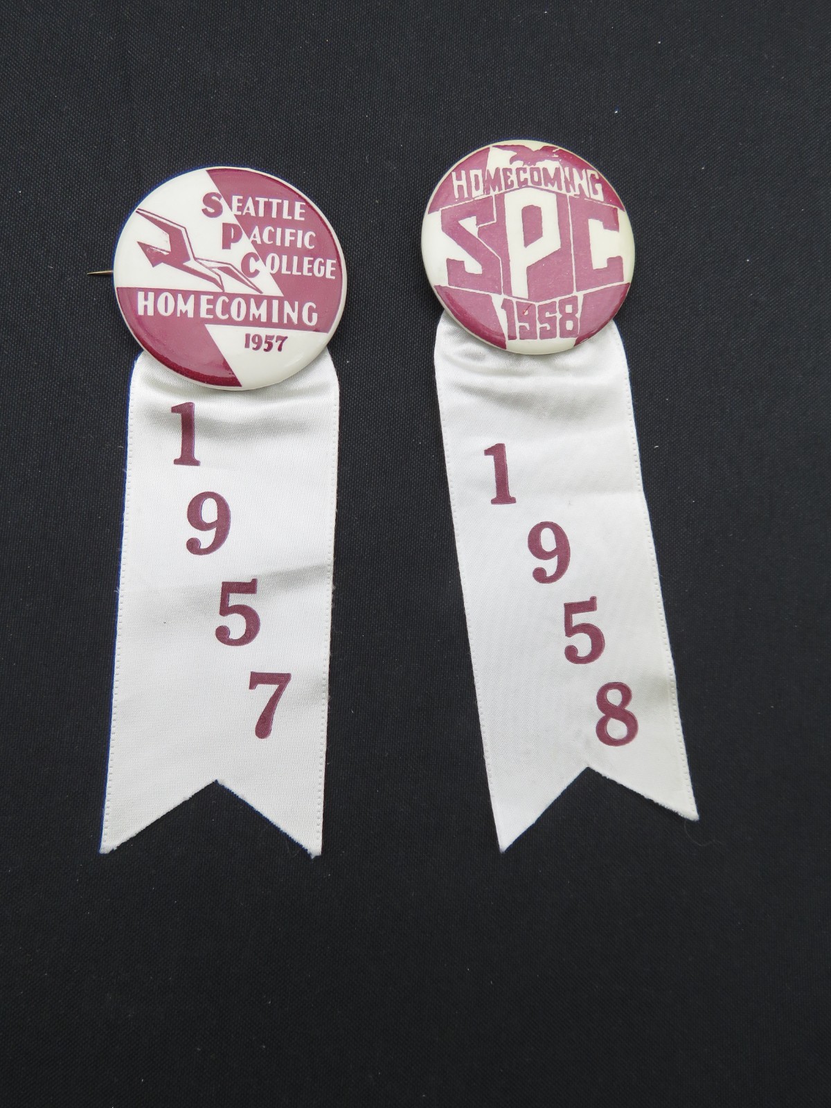 (2) 1957 &  1958 SEATTLE PACIFIC COLLEGE Homecoming Pinbacks Buttons Ribbon