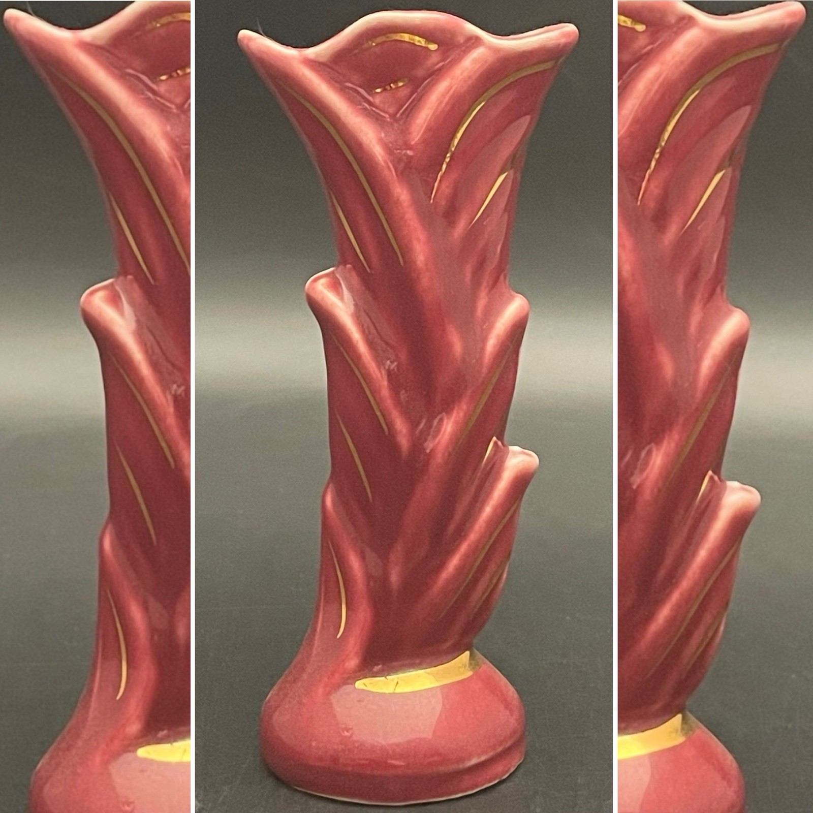 Shawnee Pottery Gold & Burgundy 1135 Mini Lily Bud Vase c1950s Made in USA 5\