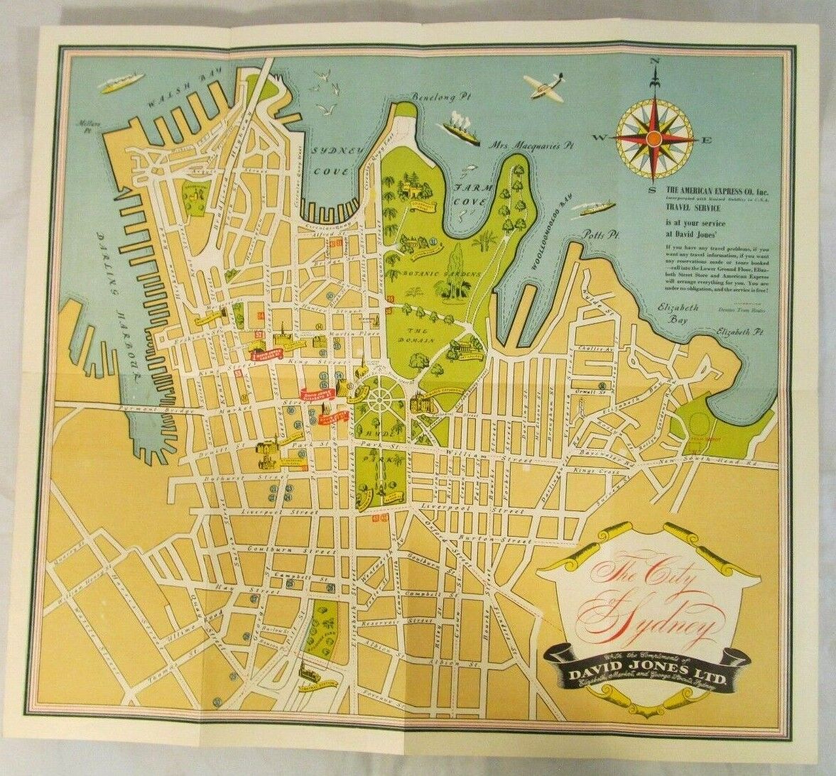 Vintage Street Map of Sydney 1940s David Jones Ltd. AUSTRALIA SYDNEY