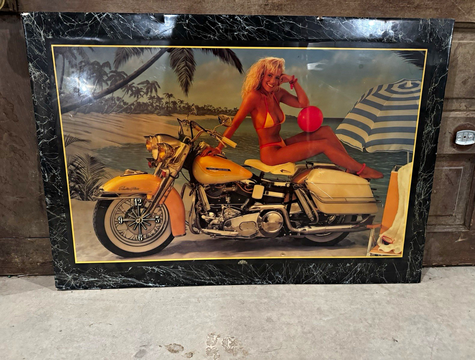 Harley-Davidson Electra Glide Beach Pin-Up Framed Poster Clock 1980s