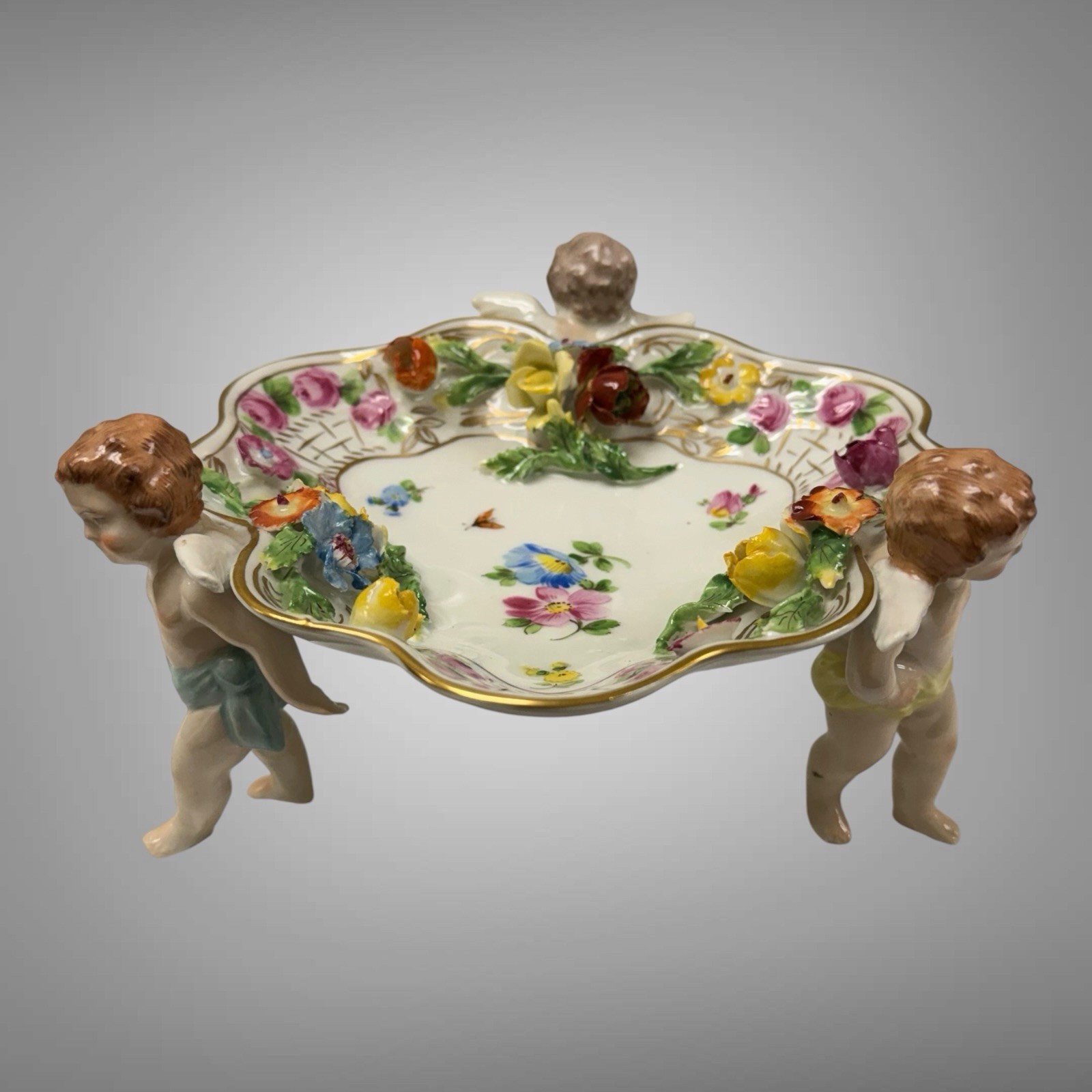 Dresden Bon Bon Bowl with Three Cherubs Various Ornate Flowers by Carl Thieme