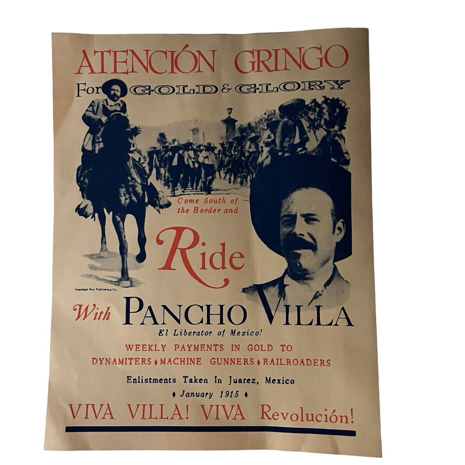 Vintage Atencion Gringo - Ride With Pancho Villa for Gold & Glory POSTER 11x14
