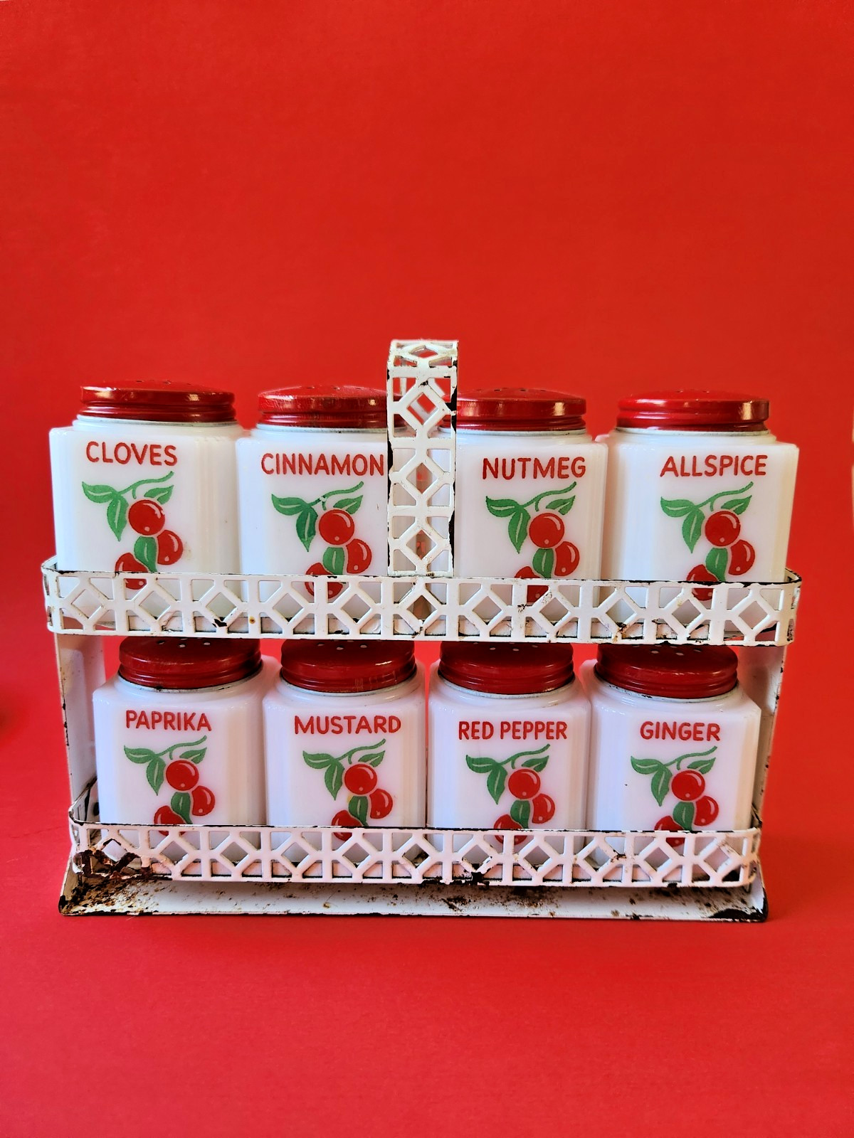 VINTAGE MCKEE TIPP CITY CHERRIES MILK GLASS 8 PIECE SPICE SHAKER SET  TILT RACK
