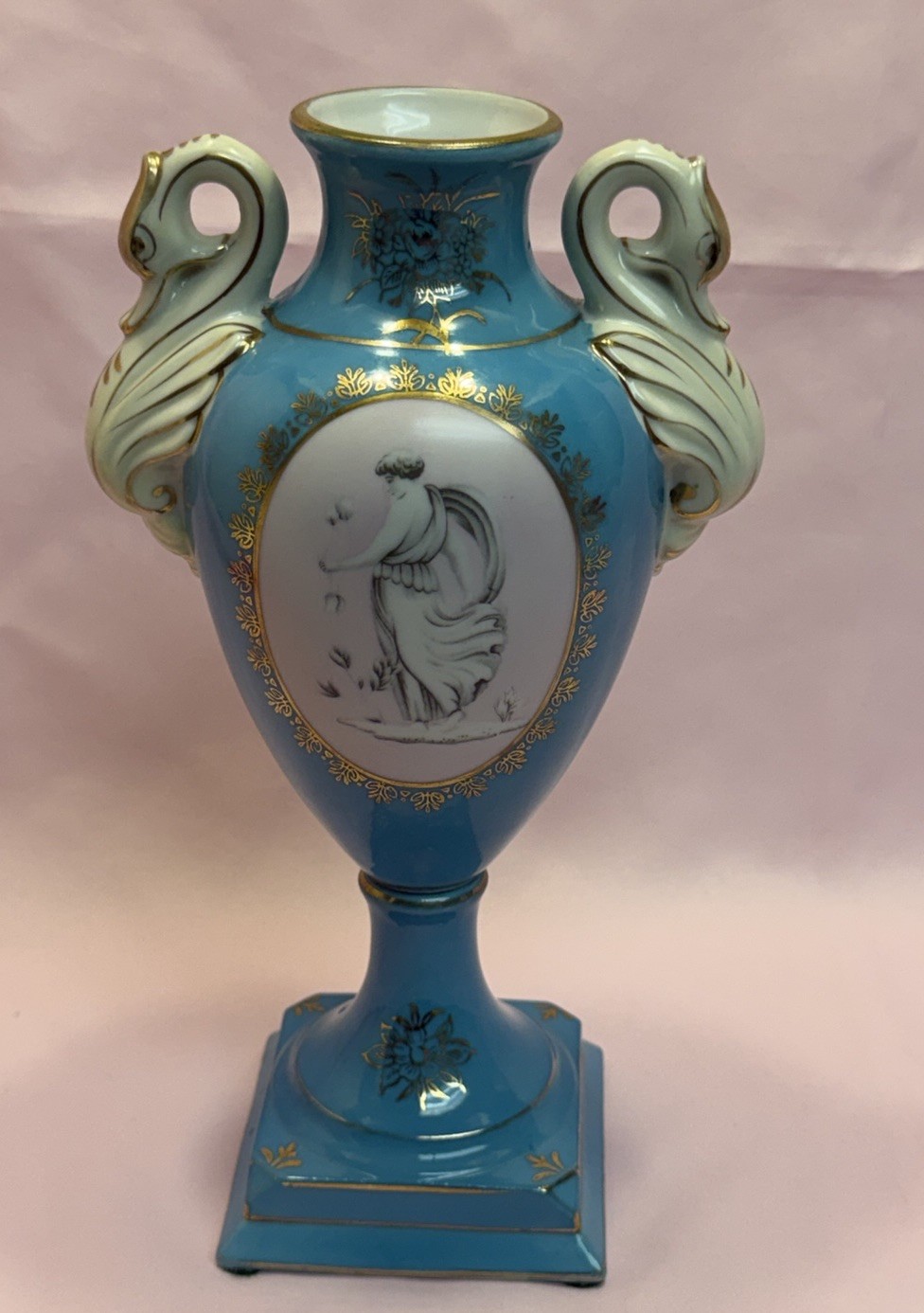 Antique Sevres Style Porcelain Covered Swan Handles Turquoise Gilt Vase