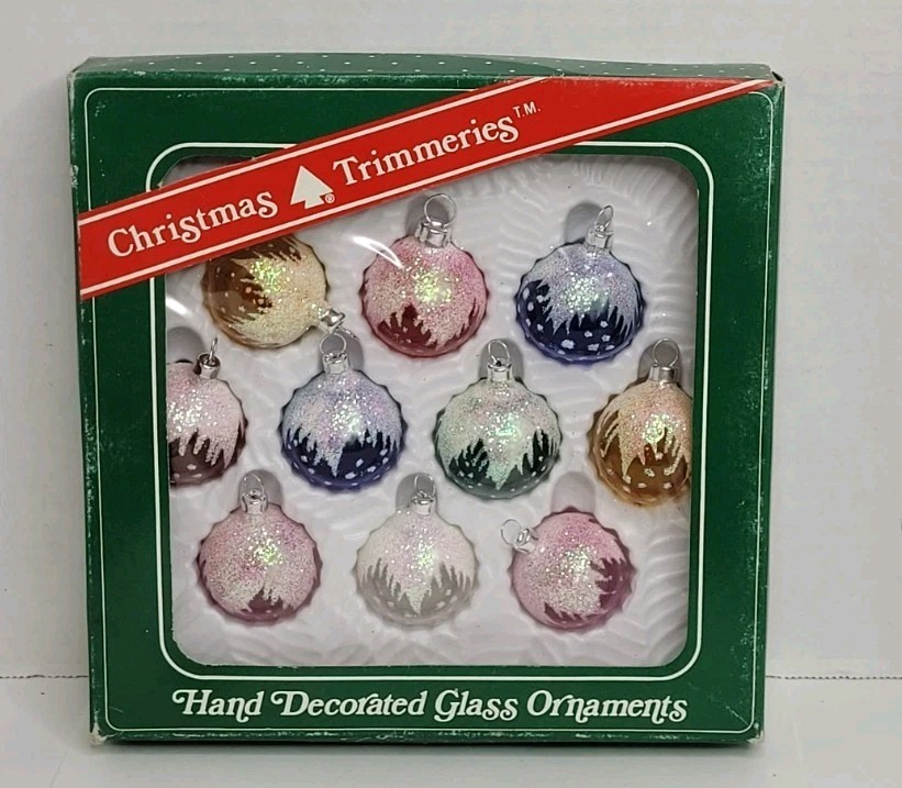 Vintage Bradford Christmas Trimmeries Holiday Glass Ball Ornaments Set 1.5