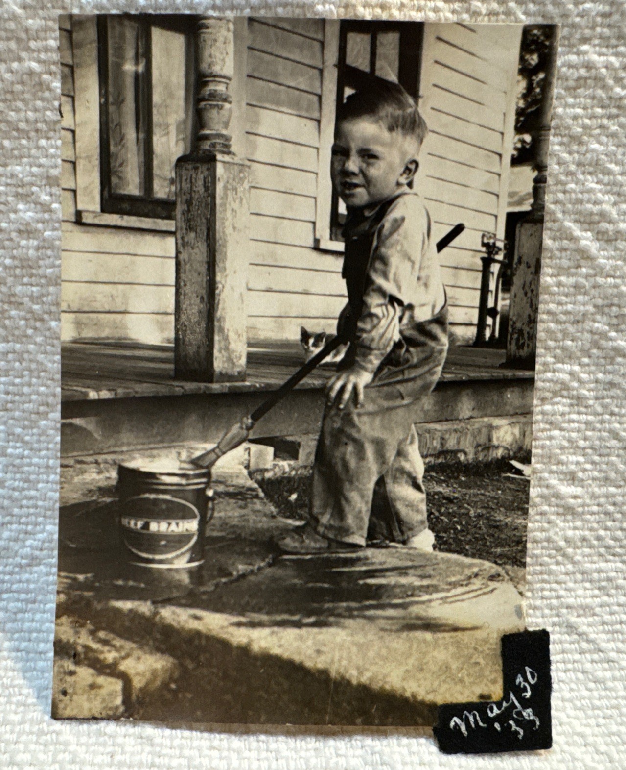 Vtg 1933 Photo Americana Farm Boy Mopping The Stoop-Beef Brains Bucket Overalls