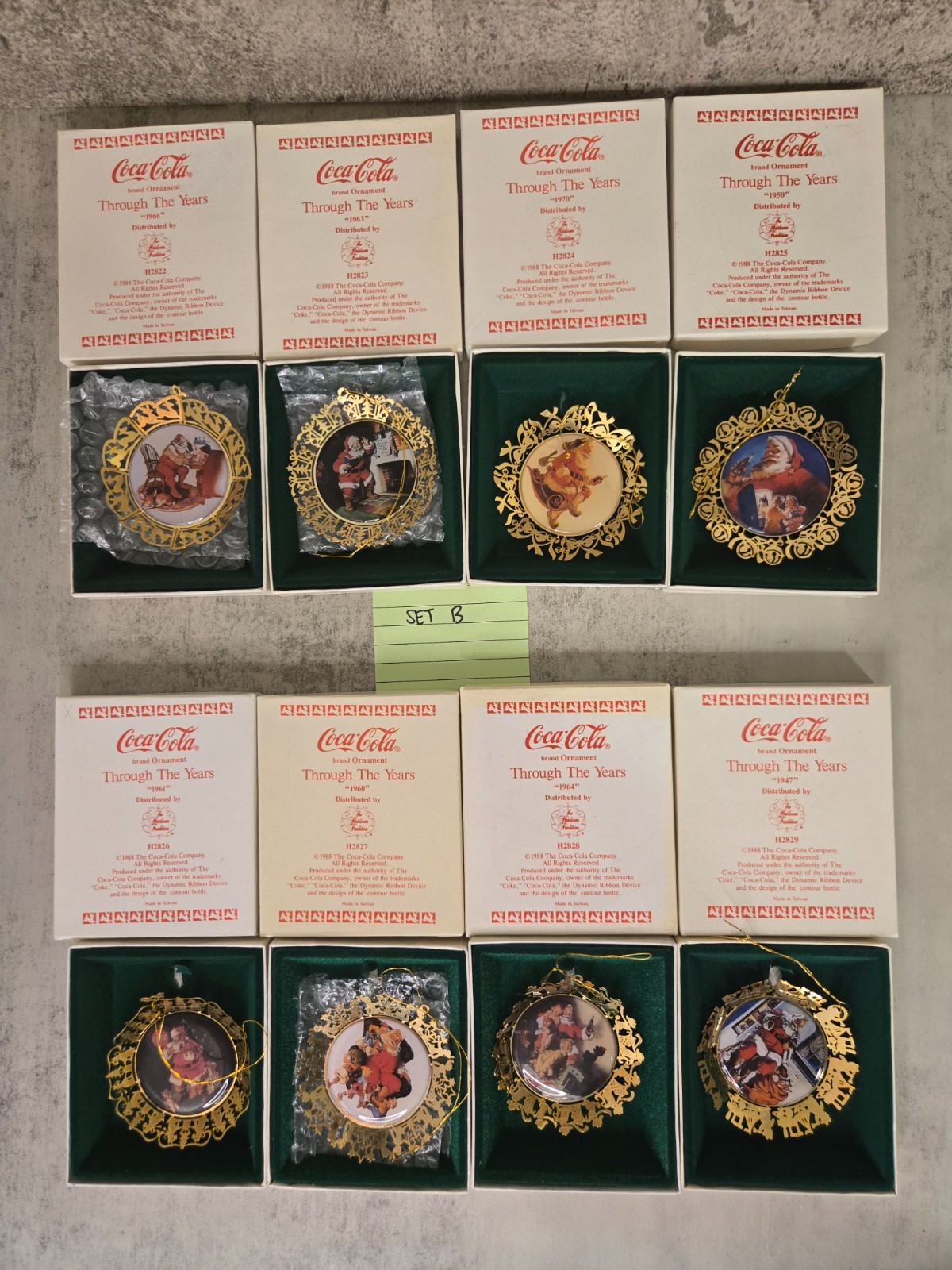 1988 Coca-Cola Through the Years H2822-H2829 8 Metal Ornaments w/ Boxes - Set B