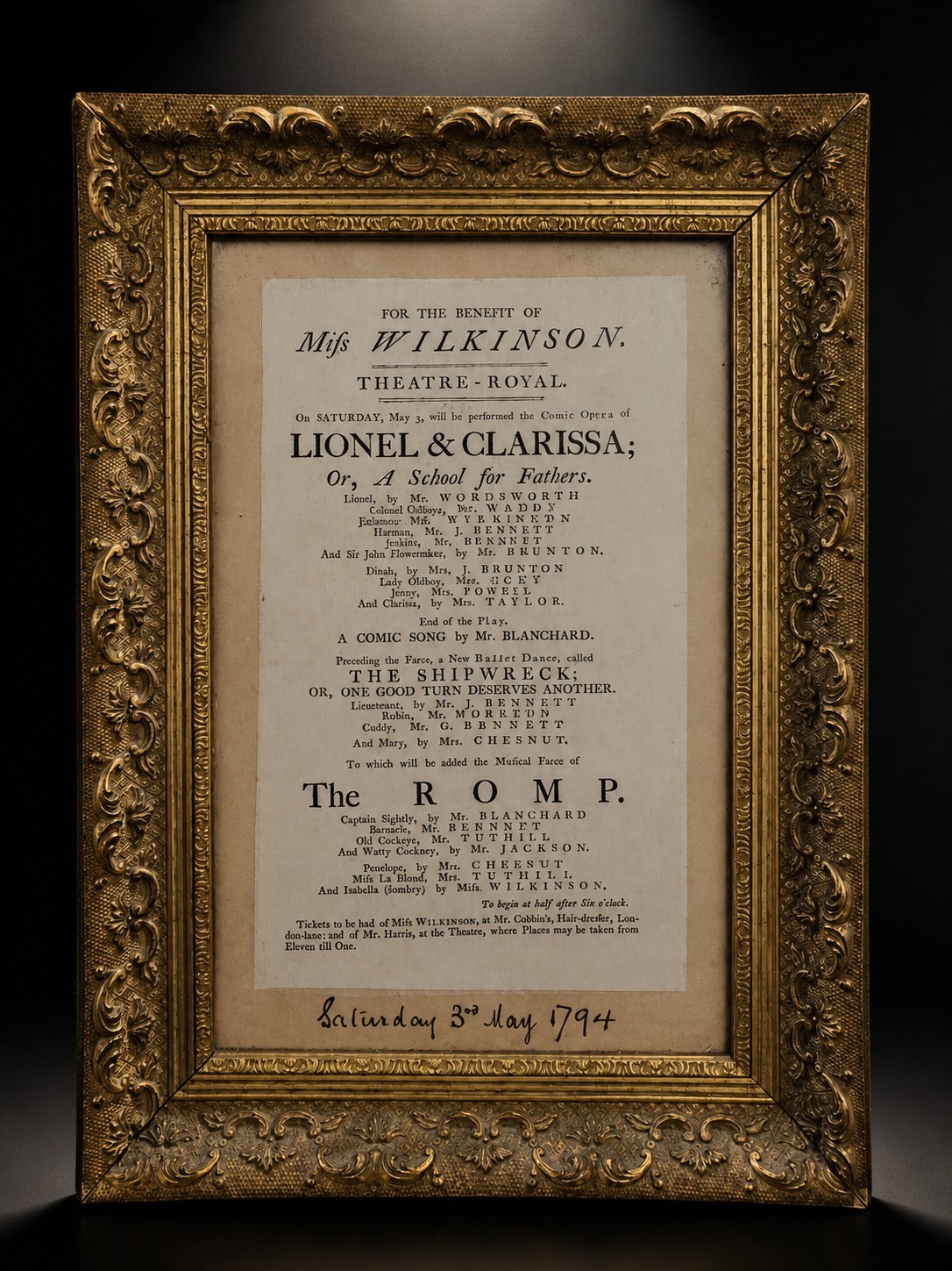 Original 1794 Theatre Royal Playbill Georgian Broadside Miss Wilkinson Benefit