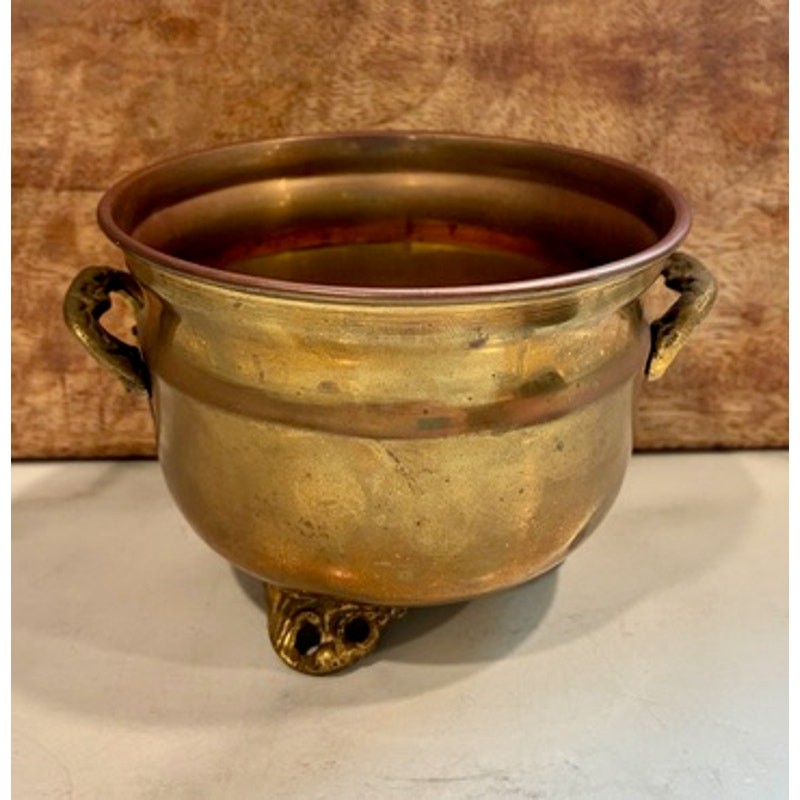 Vintage 3.25” Solid Brass Cachepot Planter Footed Pot w Handles Made India