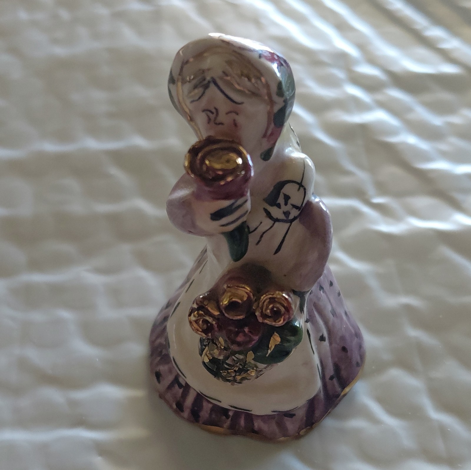 Hand Painted Ceramic Girl Figural Bell White Purple Gold Small Made in China