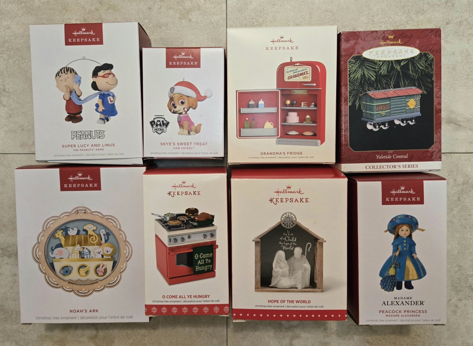 Hallmark Holiday Ornament Lot (8) Noah\'s Ark, Madame Alexander, Lucy Linus, Skye