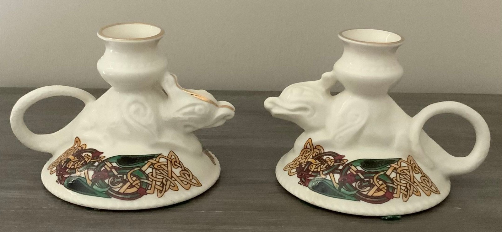CRE Irish Porcelain Candle Holder Celtic Knot Pair Signed Joe McCaul Gold Gilt
