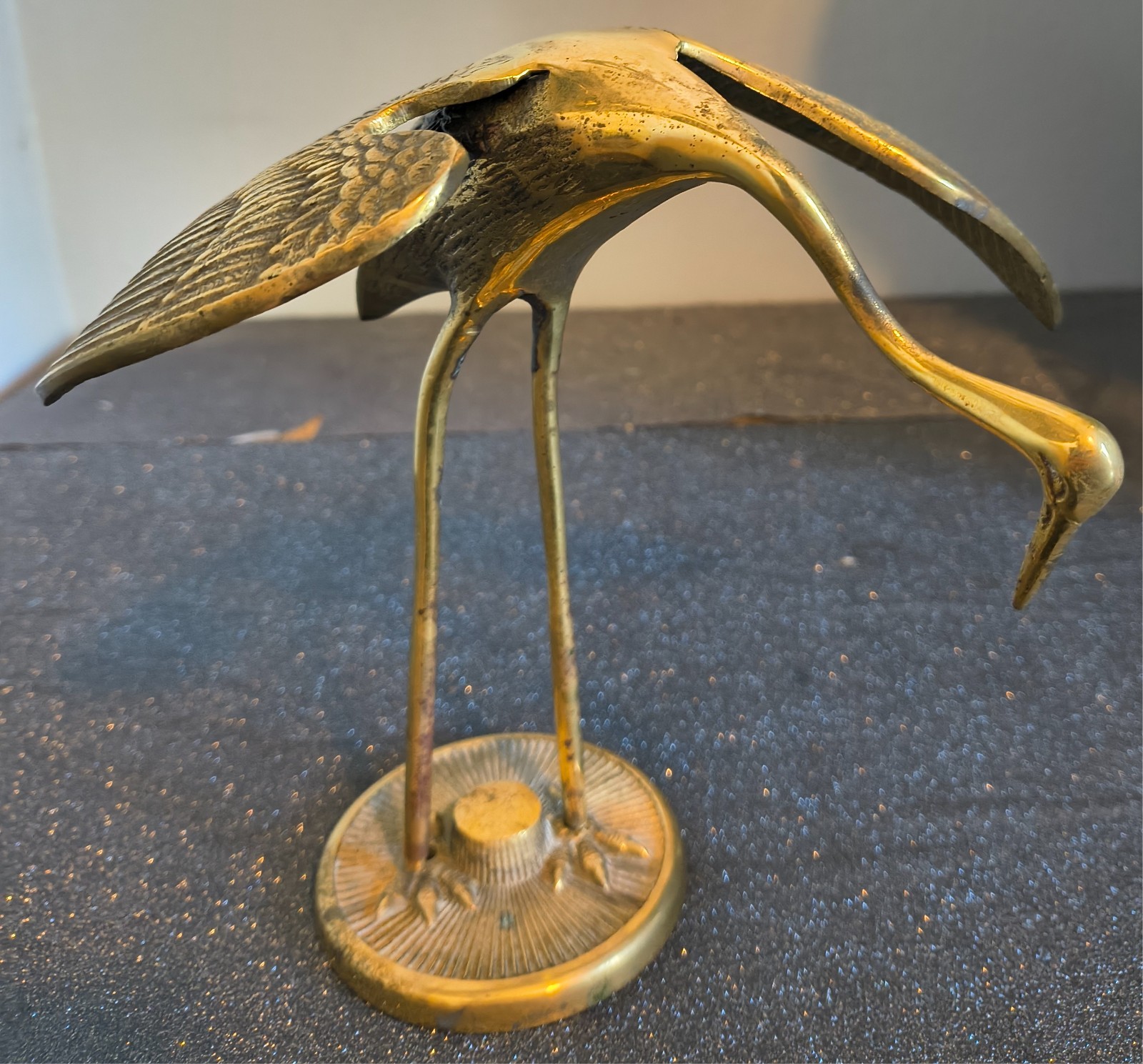 Vintage Leonard Solid Brass Bowing Crane Figurine MCM Hollywood Regency Korea