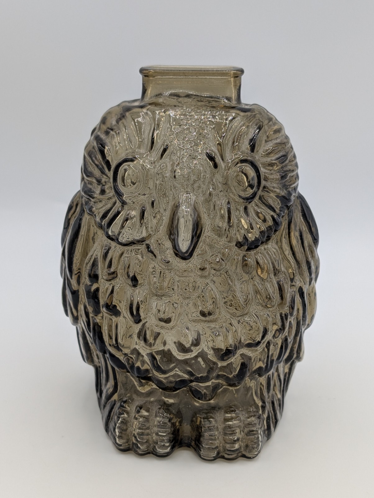 Vintage Libbey Glass Wise Old Owl Piggy Bank Money Bank Smoke Grey W/Plug