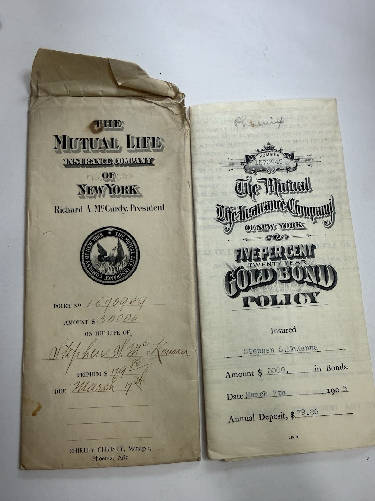 1905 Mutual Life Gold Bond Policy Arizona Territory Historical Ephemera