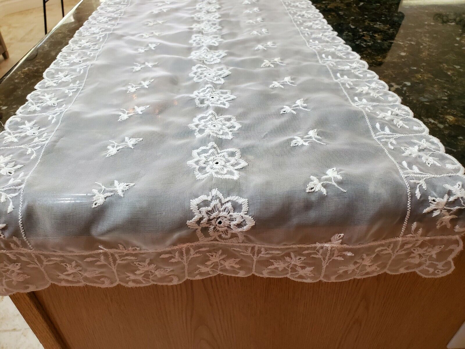 Vintage White Tulle Lace Embroidery Table Runner Dresser Scarf Scalloped Edges 