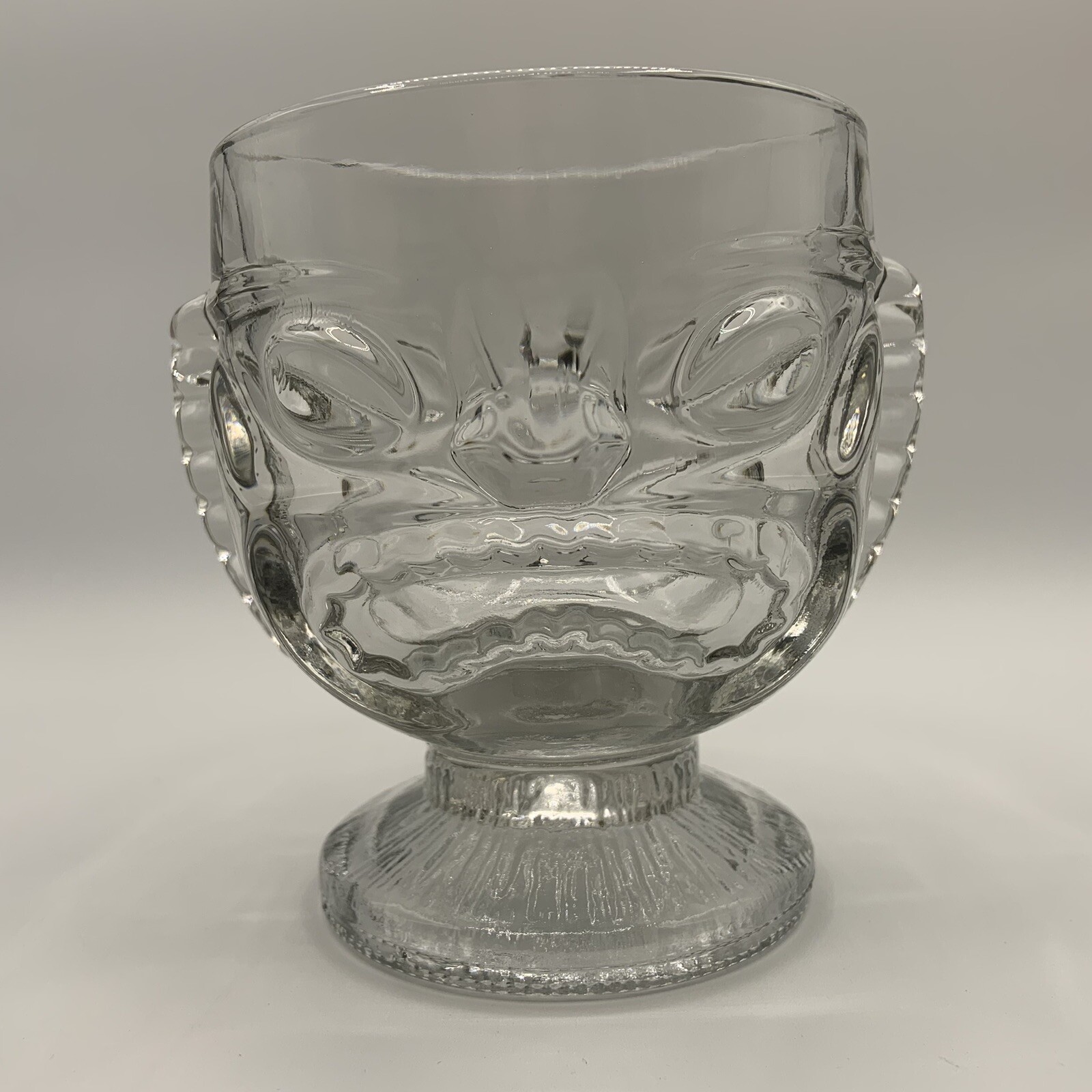 Vintage Indiana Glass Hawaiian Tiki Head Happy / Sad Face Clear Mug  Goblet