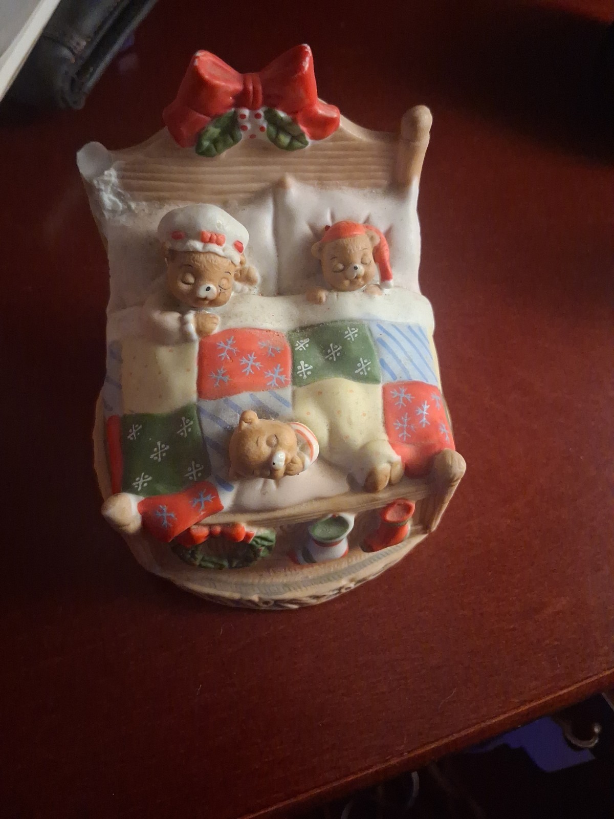 LUNDS LITES CHRISTMAS Sleepy Honey BEARS in bed MUSIC BOX Lefton 1983 LUNDS LITES CHRISTMAS Sleepy Honey BEARS in bed MUSIC BOX Lefton 1983