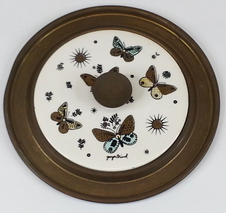 Vintage MCM George Briard Gold Trim Butterfly Metal Brass Ceramic Dish Pot Lid