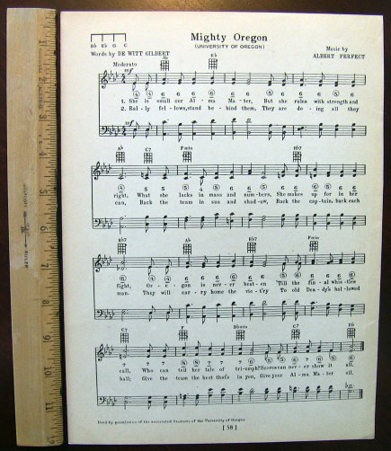UNIVERSITY OF OREGON Vintage Song Sheet c1929 