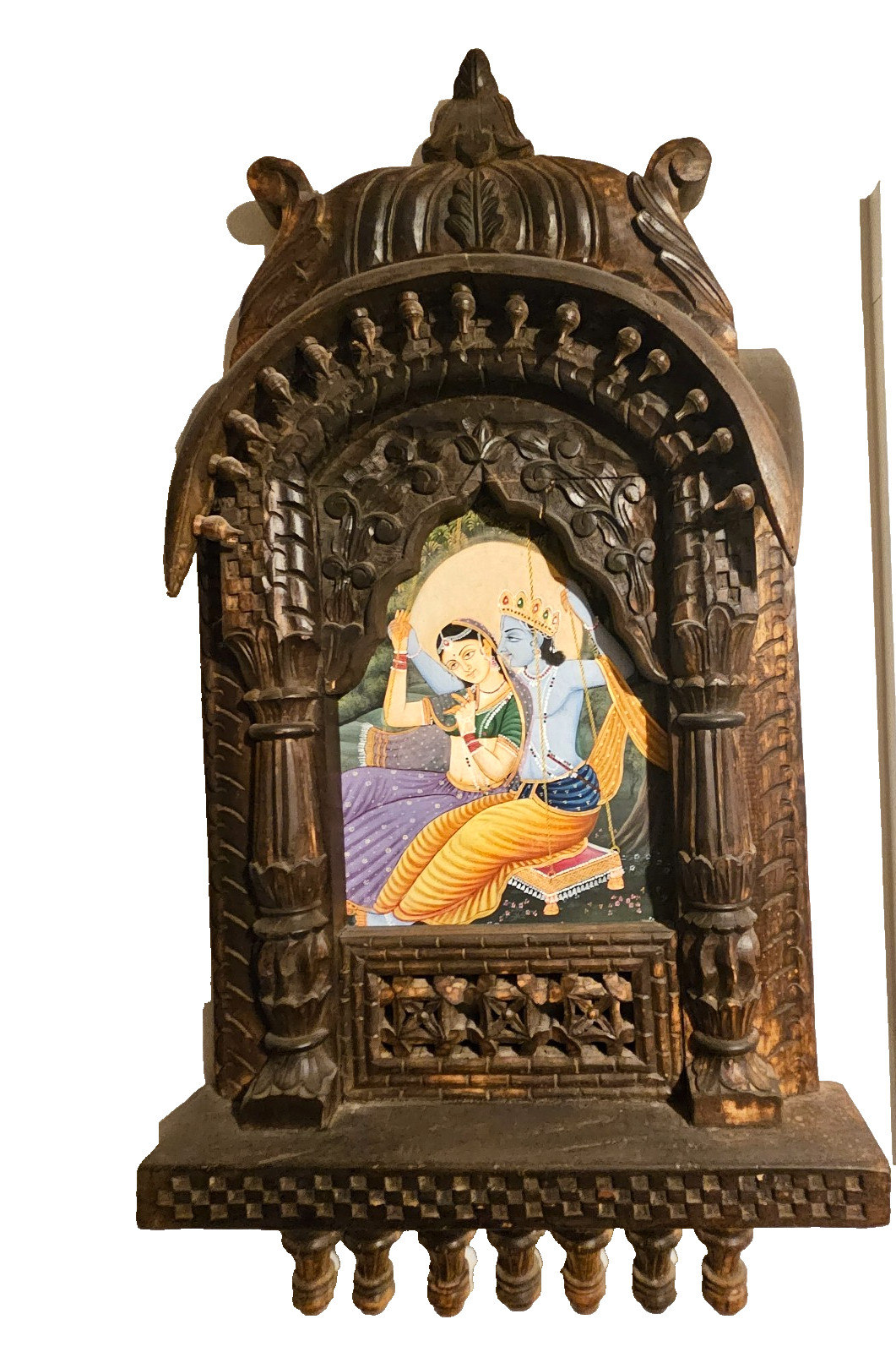 Hand Carved Wooden Hindu Temple Mandir Shrine Radha Krishna Wall Hanging Decor