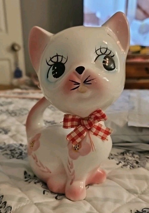 Vintage Kitchsy Big Side Eye  Cat Figurine MidCentury Tall Pink Flowers Red Bow