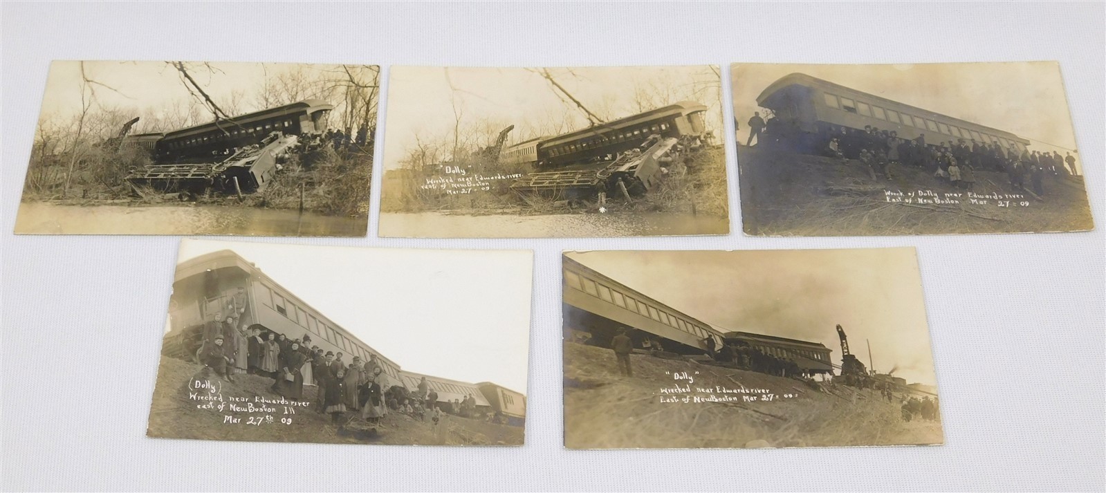 5 1909 RPPC Train Wreck Of Dolly Near Edwards River East Of New Boston Postcards 5 1909 RPPC Train Wreck Of Dolly Near Edwards River East Of New Boston Postcards