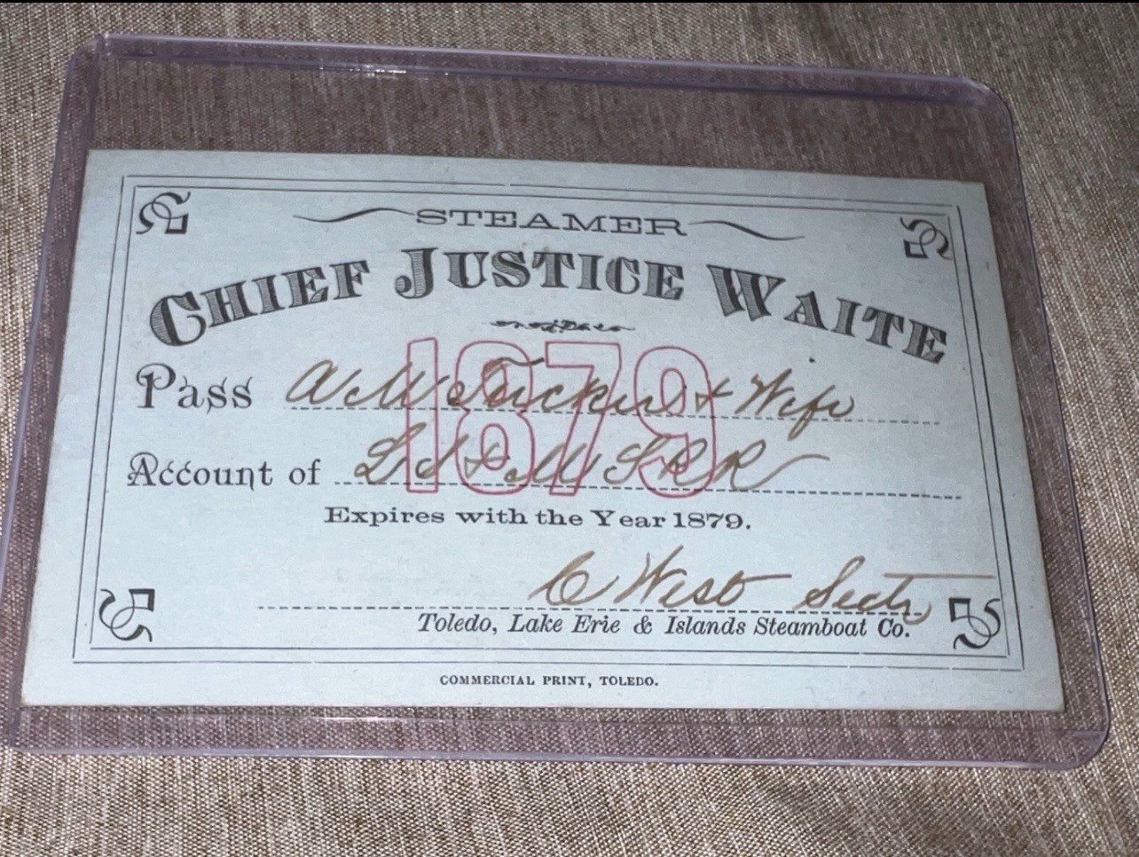 1879 Steamer Chief Justice Waite Annual Pass – Toledo Lake Erie & Islands - RARE
