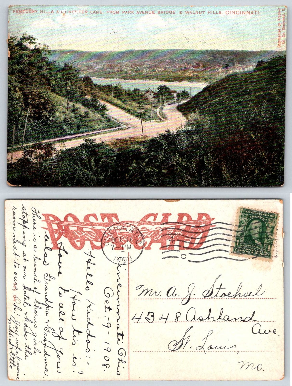 Kentucky Hills Keefer Lane Park Avenue Bridge Cincinnati Ohio Postcard AX310