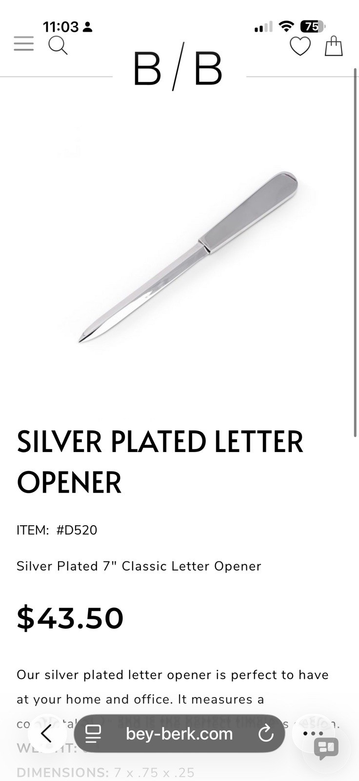 Vintage Bey-Berk Silver Plated Letter Opener D502 – 7.5\