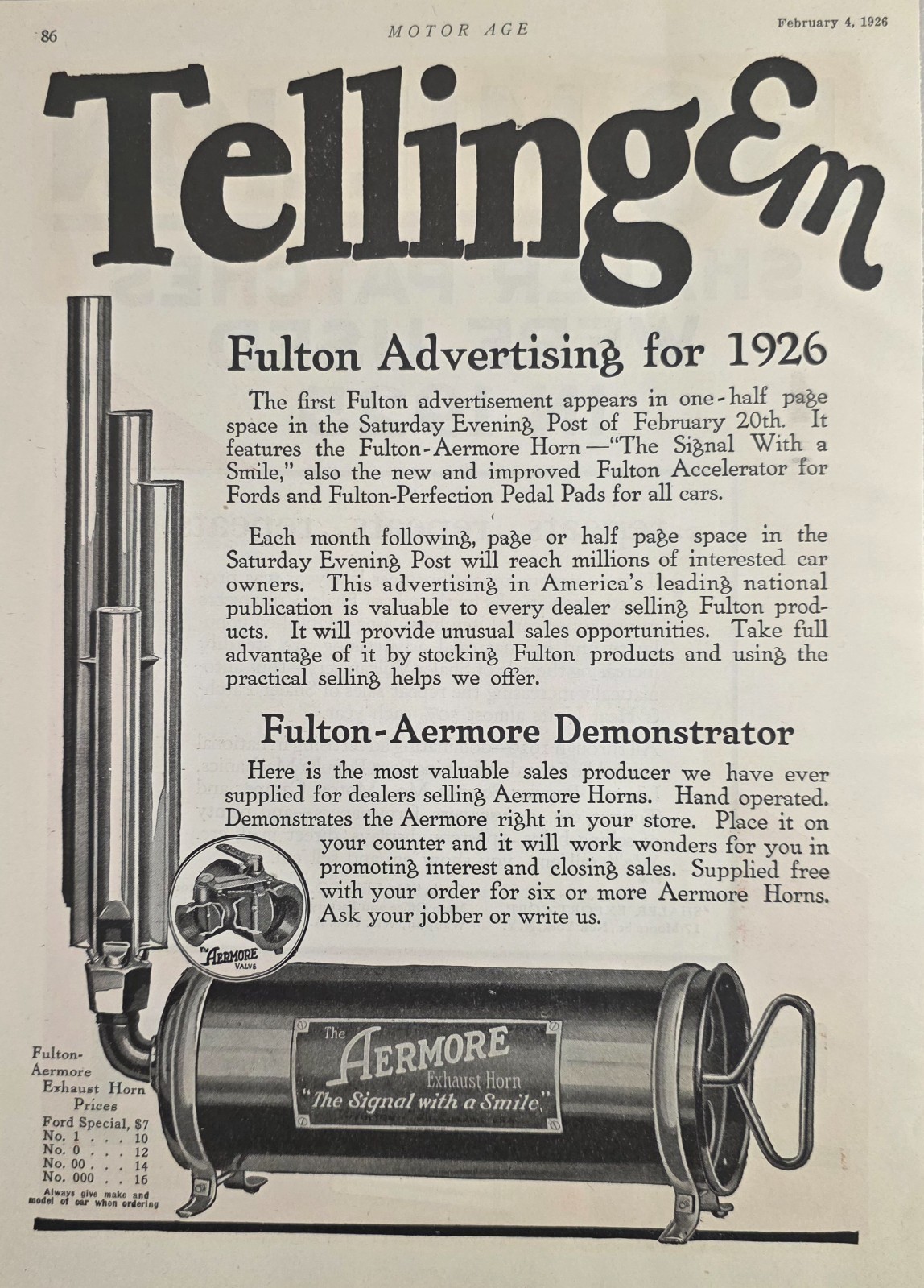 1926 Print Ad The Aermore Exhaust Horn Hand Operated for Cars Fulton-Aermore