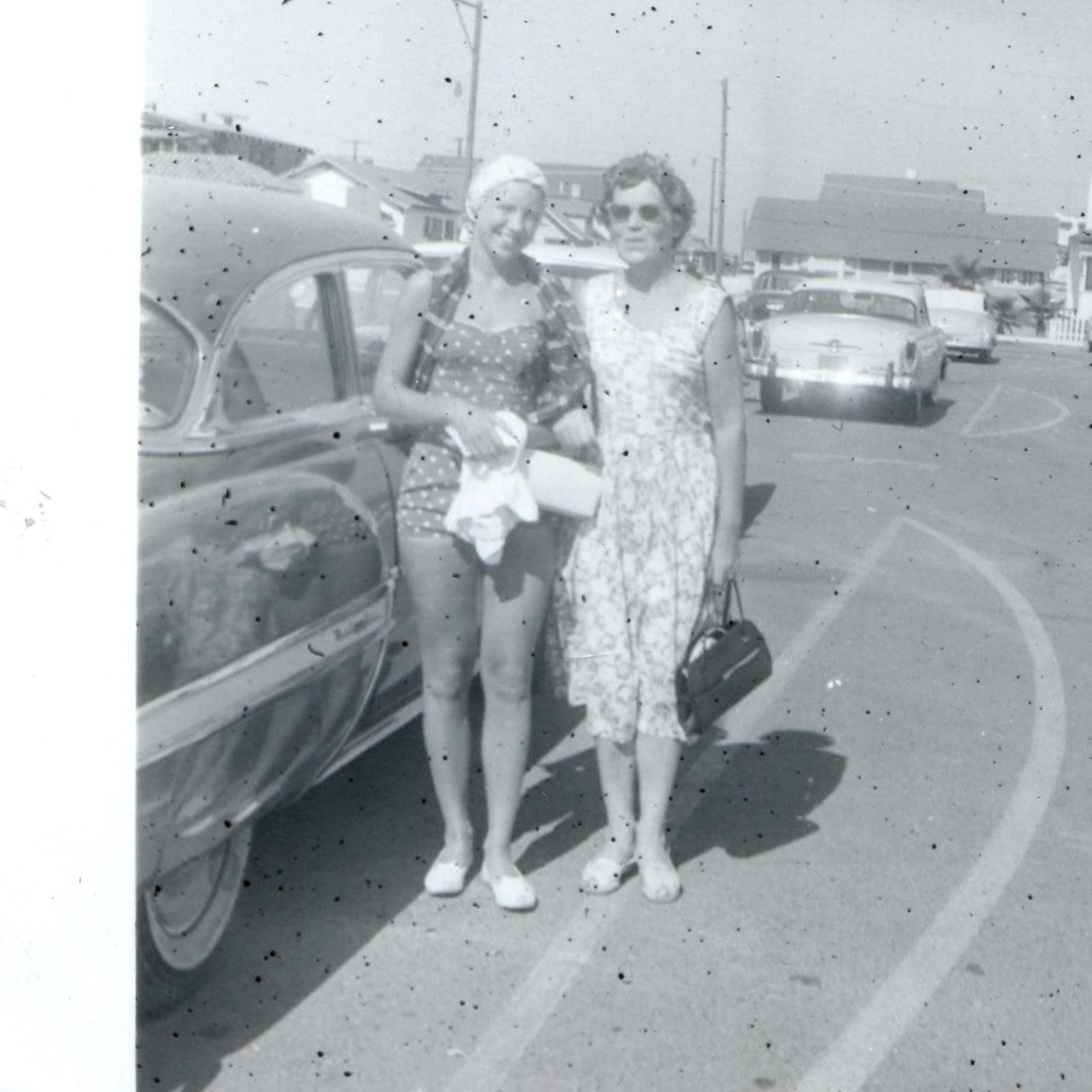 c1950s Women Swimsuit Dress Automobile Snapshot Photo Parking Lot Motel Summer